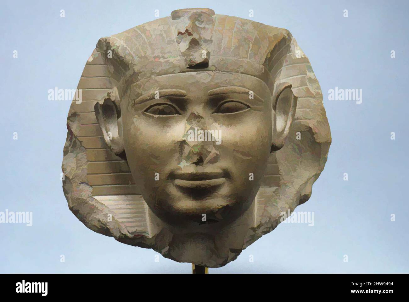Art inspired by Head of a King, Possibly Seankhkare Mentuhotep III, Middle Kingdom, Dynasty 11, late, ca. 2000–1988 B.C., From Egypt, Limestone, H. 18.3 cm (7 3/16 in.); W. 21.5 cm (8 7/16 in.); D. 18.2 cm (7 3/16 in, Classic works modernized by Artotop with a splash of modernity. Shapes, color and value, eye-catching visual impact on art. Emotions through freedom of artworks in a contemporary way. A timeless message pursuing a wildly creative new direction. Artists turning to the digital medium and creating the Artotop NFT Stock Photo