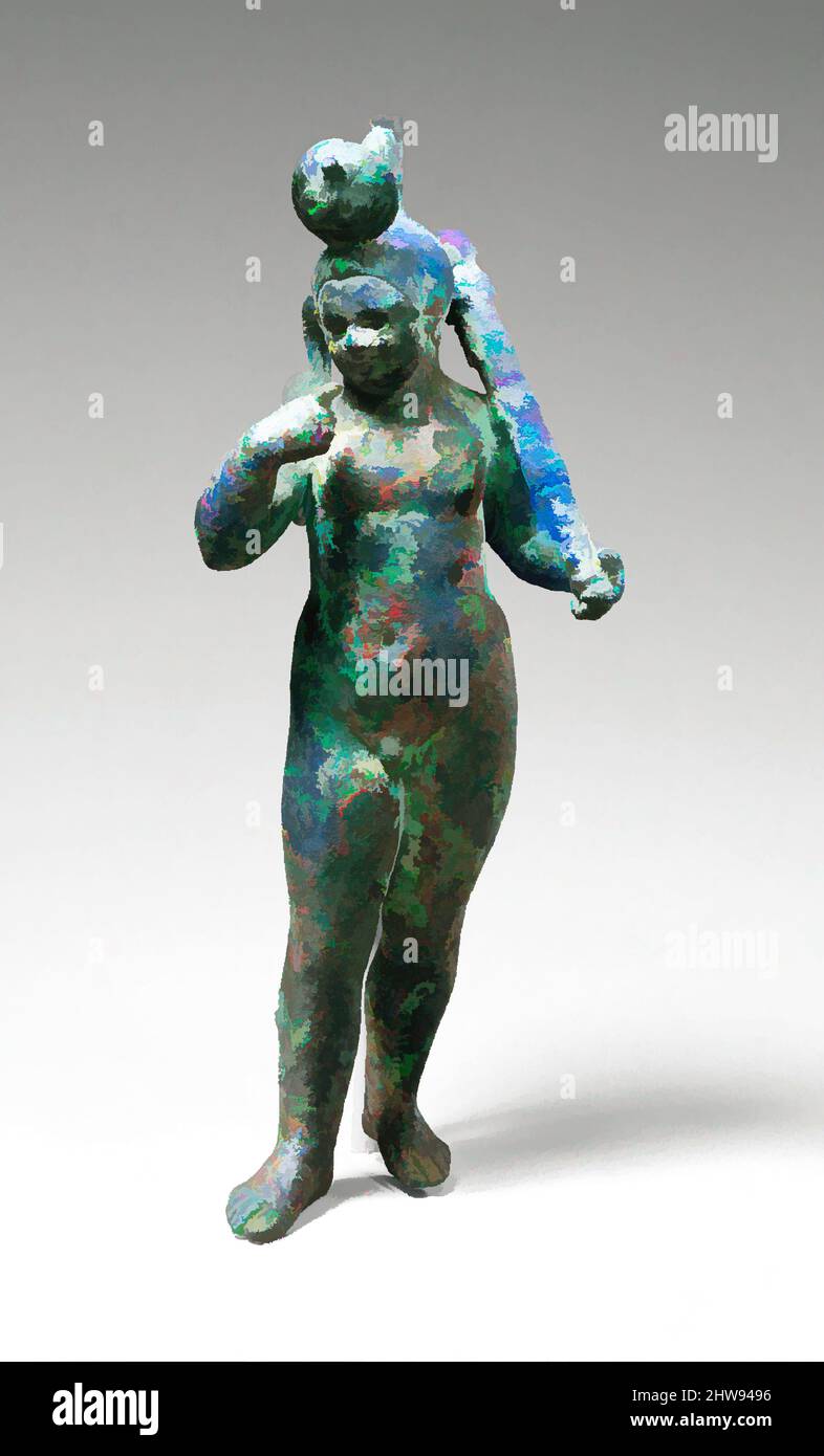 Art inspired by Harpokrates in an Egyptianizing Crown and holding the club of Herakles, Roman Period, A.D. 1st century, From Egypt, Bronze, H. 18.5 cm, Harpokrates, or 'Horus the child,' the son of Isis and Osiris/Serapis, is here represented as a chubby toddler with a plump, crooked, Classic works modernized by Artotop with a splash of modernity. Shapes, color and value, eye-catching visual impact on art. Emotions through freedom of artworks in a contemporary way. A timeless message pursuing a wildly creative new direction. Artists turning to the digital medium and creating the Artotop NFT Stock Photo