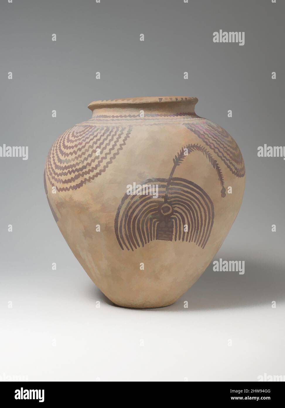 Art inspired by Jar with Motifs of Plants and Water, Late Naqada II, ca. 3450–3300 B.C., From Egypt, Northern Upper Egypt, Abadiya, Cemetery R, Tomb R40H, EEF excavations 1898–99, Pottery, paint (Decorated ware), H: 21 cm (8 1/4 in.); diam: 20 cm (7 7/8 in, Classic works modernized by Artotop with a splash of modernity. Shapes, color and value, eye-catching visual impact on art. Emotions through freedom of artworks in a contemporary way. A timeless message pursuing a wildly creative new direction. Artists turning to the digital medium and creating the Artotop NFT Stock Photo