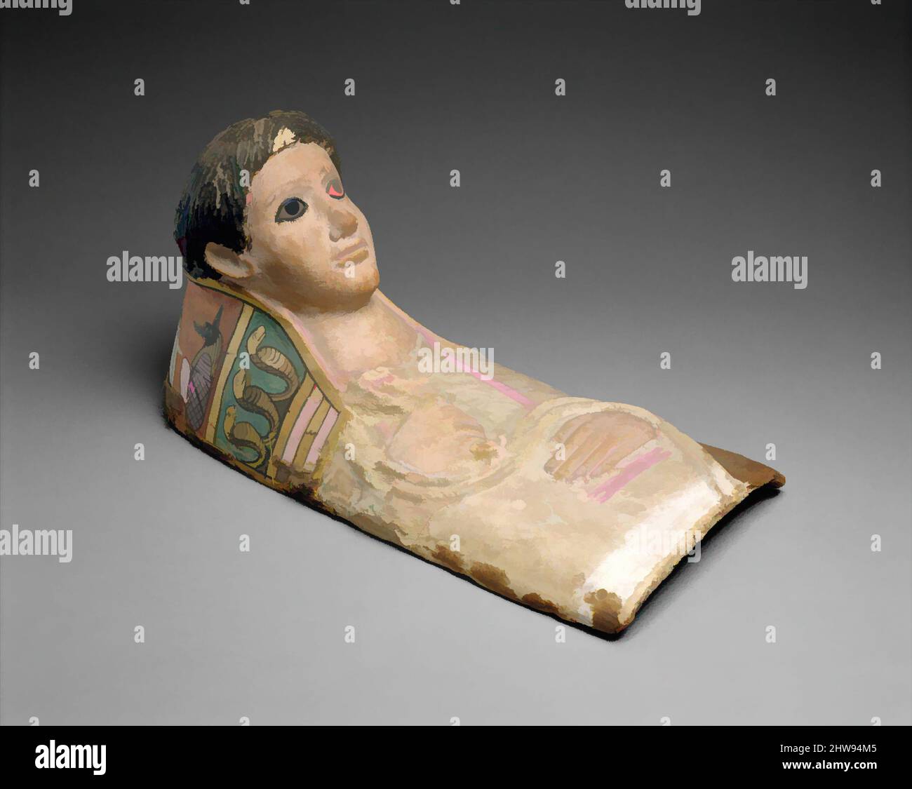 Art inspired by Plaster Portrait Mask of a Youth, Roman Period, A.D. 140–190 probably, From Egypt; Said to be from Middle Egypt, Tuna el-Gebel, Plaster, linen, paint, lapis lazuli, glass, l. 58.5 cm (23 1/16 in); w. 27.4 cm (10 13/16 in); h. 30 cm (11 13/16 in), This youth's black hair, Classic works modernized by Artotop with a splash of modernity. Shapes, color and value, eye-catching visual impact on art. Emotions through freedom of artworks in a contemporary way. A timeless message pursuing a wildly creative new direction. Artists turning to the digital medium and creating the Artotop NFT Stock Photo