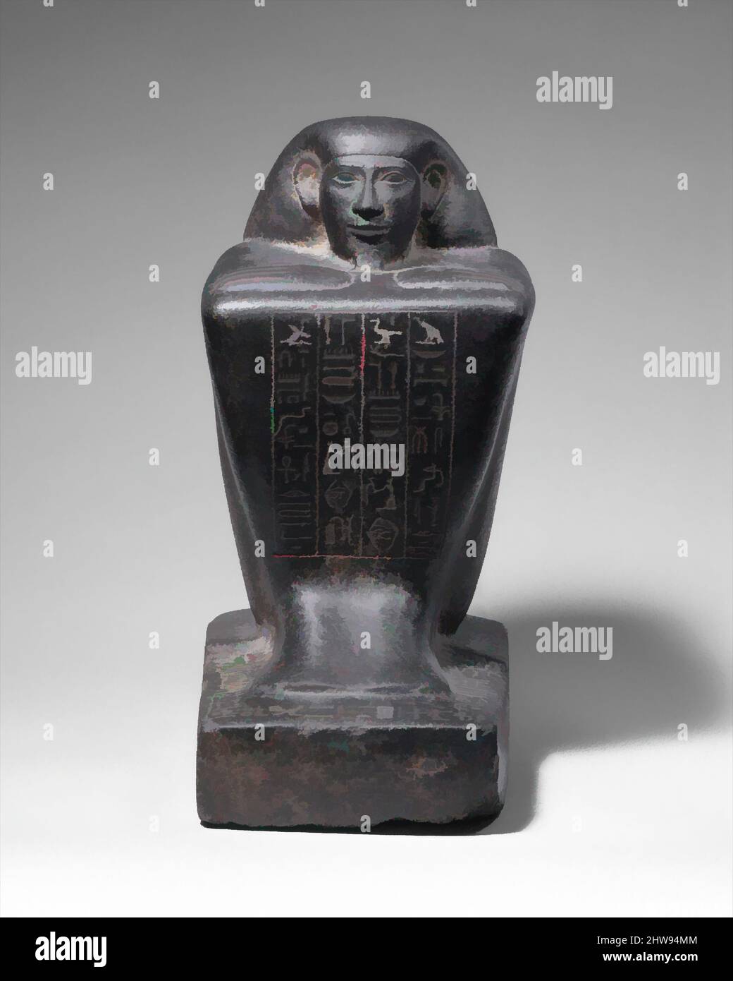 Art inspired by Block Statue of a Prophet of Montu and Scribe Djedkhonsuefankh, son of Khonsumes and Taat, Late Period, Kushite–Saite, Dynasty 25–26, 690–610 B.C., From Egypt; Made for Upper Egypt, Thebes, Luxor, Gabbro, h. 30.7 cm (12 1/16 in), In the late 25th dynasty and early 26th, Classic works modernized by Artotop with a splash of modernity. Shapes, color and value, eye-catching visual impact on art. Emotions through freedom of artworks in a contemporary way. A timeless message pursuing a wildly creative new direction. Artists turning to the digital medium and creating the Artotop NFT Stock Photo