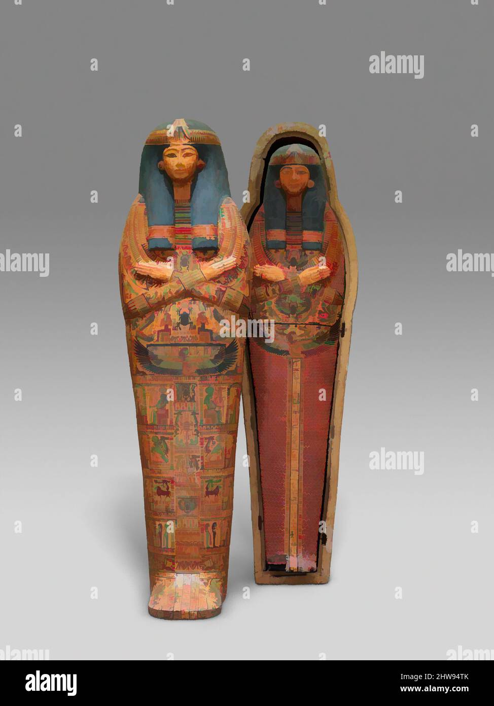 Art inspired by Mummy Board of the Singer of Amun-Re, Henettawy, Third Intermediate Period, late Dynasty 21, ca. 1000–945 B.C., From Egypt, Upper Egypt, Thebes, Deir el-Bahri, Tomb of Henettawy F, 1923–24, Gessoed and painted wood, L. 171.3 cm (67 7/16 in.); W. 40 cm (15 3/4 in.); D, Classic works modernized by Artotop with a splash of modernity. Shapes, color and value, eye-catching visual impact on art. Emotions through freedom of artworks in a contemporary way. A timeless message pursuing a wildly creative new direction. Artists turning to the digital medium and creating the Artotop NFT Stock Photo