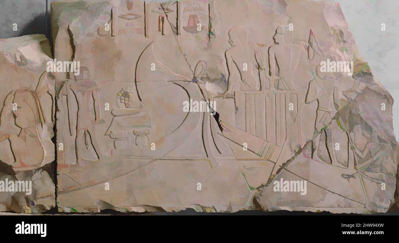 Art inspired by Reliefs from the Tomb of Nespekashuty, Late Period, Saite, Dynasty 26, 656–610 B.C., From Egypt, Upper Egypt, Thebes, Deir el-Bahri, Tomb of Nespekashuty (TT 312,), bottom of west wall of outer hall, 1922–23, Limestone, paint, as displayed: L. 303 × H. 127 × Th. 10 cm (, Classic works modernized by Artotop with a splash of modernity. Shapes, color and value, eye-catching visual impact on art. Emotions through freedom of artworks in a contemporary way. A timeless message pursuing a wildly creative new direction. Artists turning to the digital medium and creating the Artotop NFT Stock Photo