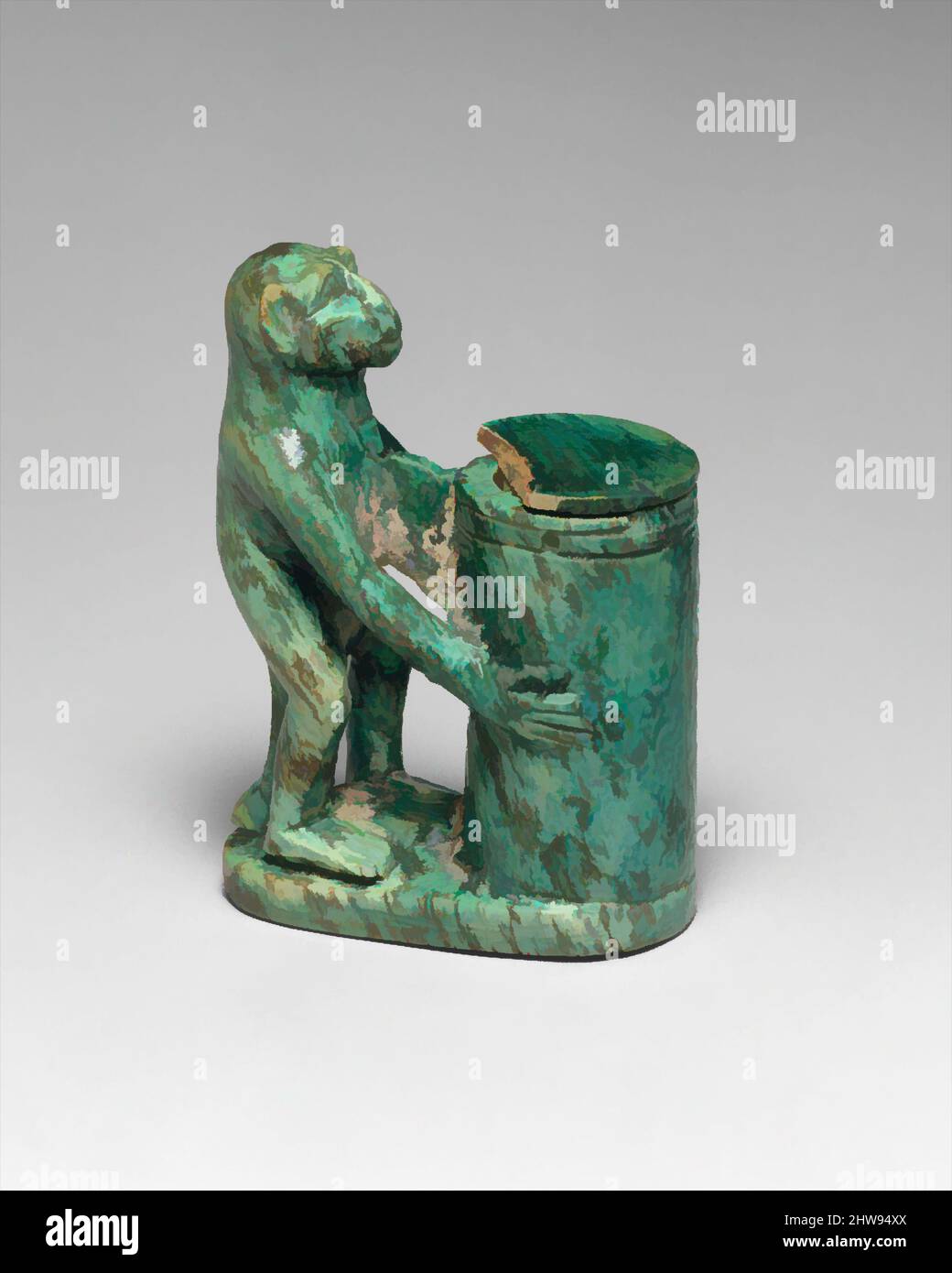 Art inspired by Kohl Tube in the Shape of a Monkey Holding a Vessel, New Kingdom, Dynasty 18, early, ca. 1550–1450 B.C., From Egypt, Steatite (glazed), h. 6 cm (2 3/8 in); w. 4.1 cm (1 5/8 in), The Egyptians' use of eye cosmetics to enhance beauty and for prophylactic purposes is well, Classic works modernized by Artotop with a splash of modernity. Shapes, color and value, eye-catching visual impact on art. Emotions through freedom of artworks in a contemporary way. A timeless message pursuing a wildly creative new direction. Artists turning to the digital medium and creating the Artotop NFT Stock Photo