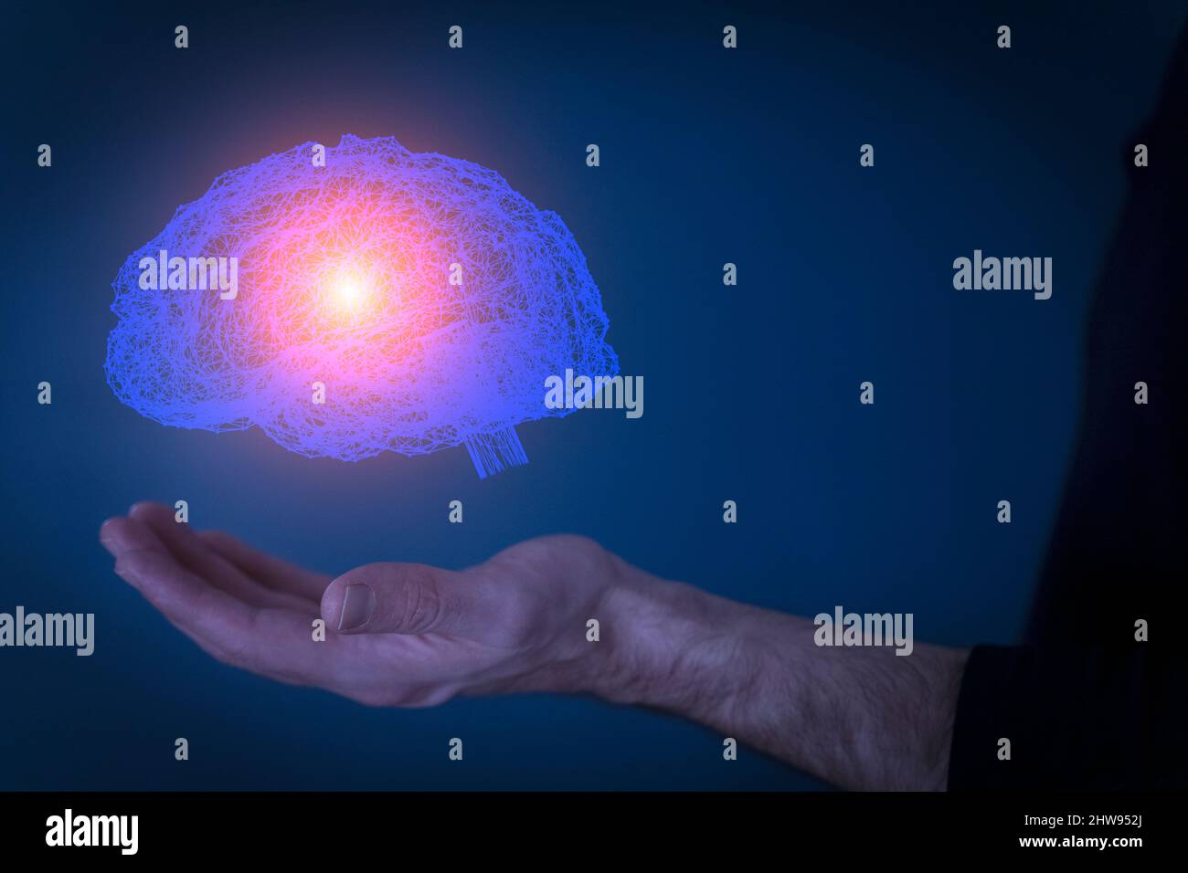 Brain hologram. Virtual 3D digital hologram of brain in the hands of a human scientist or user. Augmented reality, diagnostic technology, science of the future concept. High quality photo Stock Photo