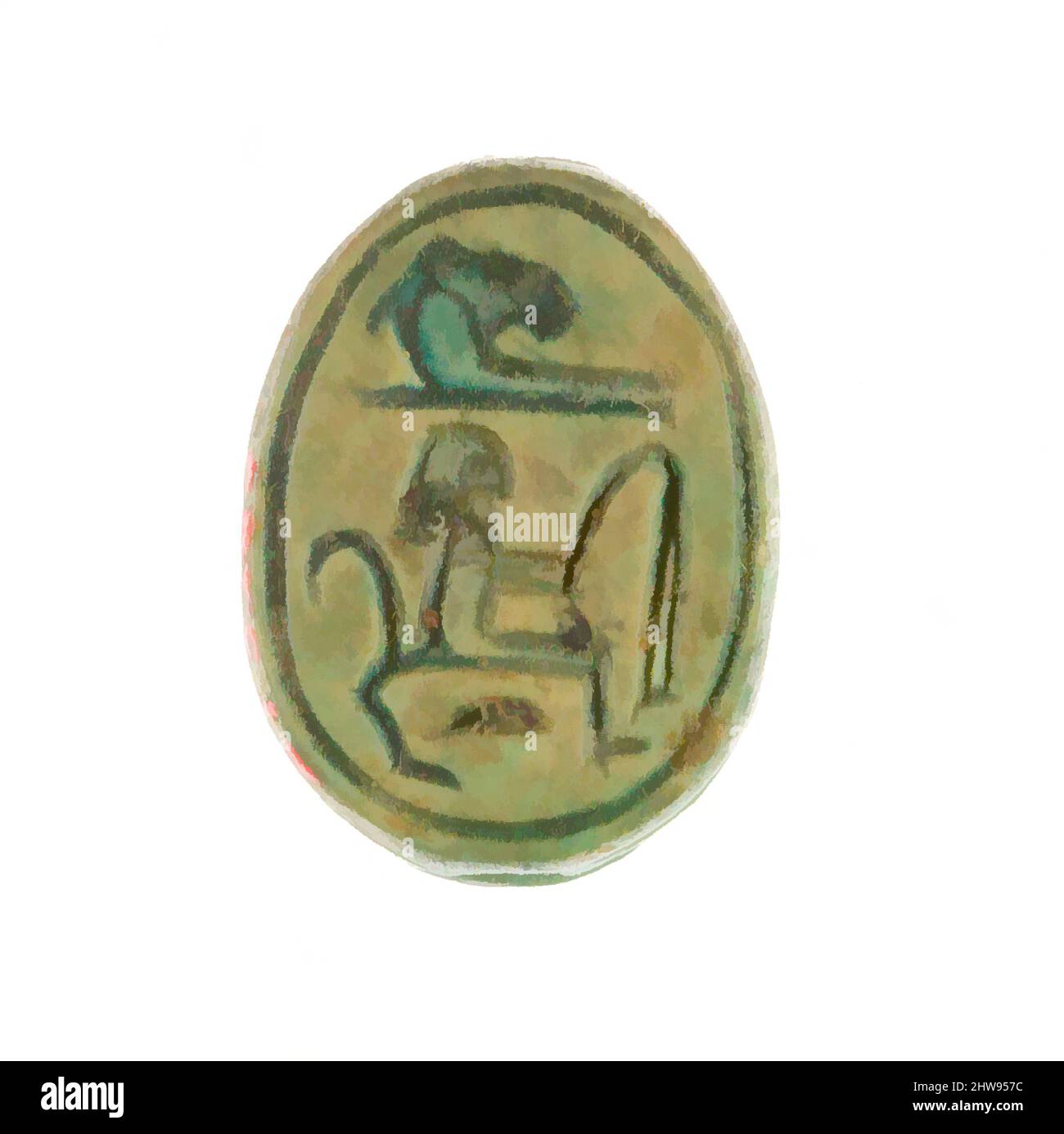 Art inspired by Scarab Inscribed for Hatshepsut, New Kingdom, Dynasty 18, early, ca. 1479–1458 B.C., From Egypt, Upper Egypt, Thebes, Deir el-Bahri, Temple of Hatshepsut, Foundation Deposit 9 (I), 1926–27, Steatite (glazed), L. 1.6 cm (5/8 in); w. 1.1 cm (7/16 in); h. 0.6 cm (1/4 in, Classic works modernized by Artotop with a splash of modernity. Shapes, color and value, eye-catching visual impact on art. Emotions through freedom of artworks in a contemporary way. A timeless message pursuing a wildly creative new direction. Artists turning to the digital medium and creating the Artotop NFT Stock Photo