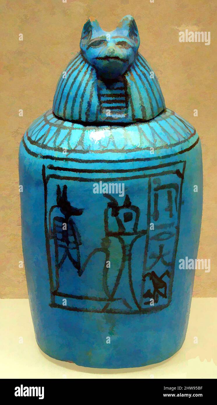Art inspired by Canopic Jar with Head of Duamutef, New Kingdom, Ramesside, Dynasty 19, ca. 1295–1185 B.C., From Egypt, Faience, H. 23 cm (9 1/16 in.), Canopic jars were made to contain the embalmed viscera removed from the body in the process of mummification. The organs were placed, Classic works modernized by Artotop with a splash of modernity. Shapes, color and value, eye-catching visual impact on art. Emotions through freedom of artworks in a contemporary way. A timeless message pursuing a wildly creative new direction. Artists turning to the digital medium and creating the Artotop NFT Stock Photo