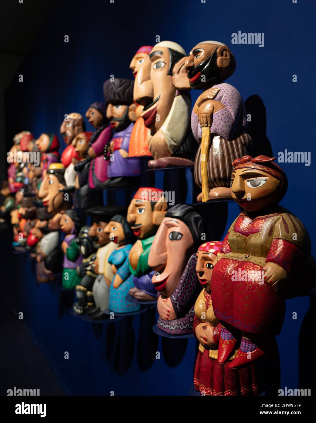 Baku, Azerbaijan - January 05 2022: Wooden puppets of different characters Stock Photo