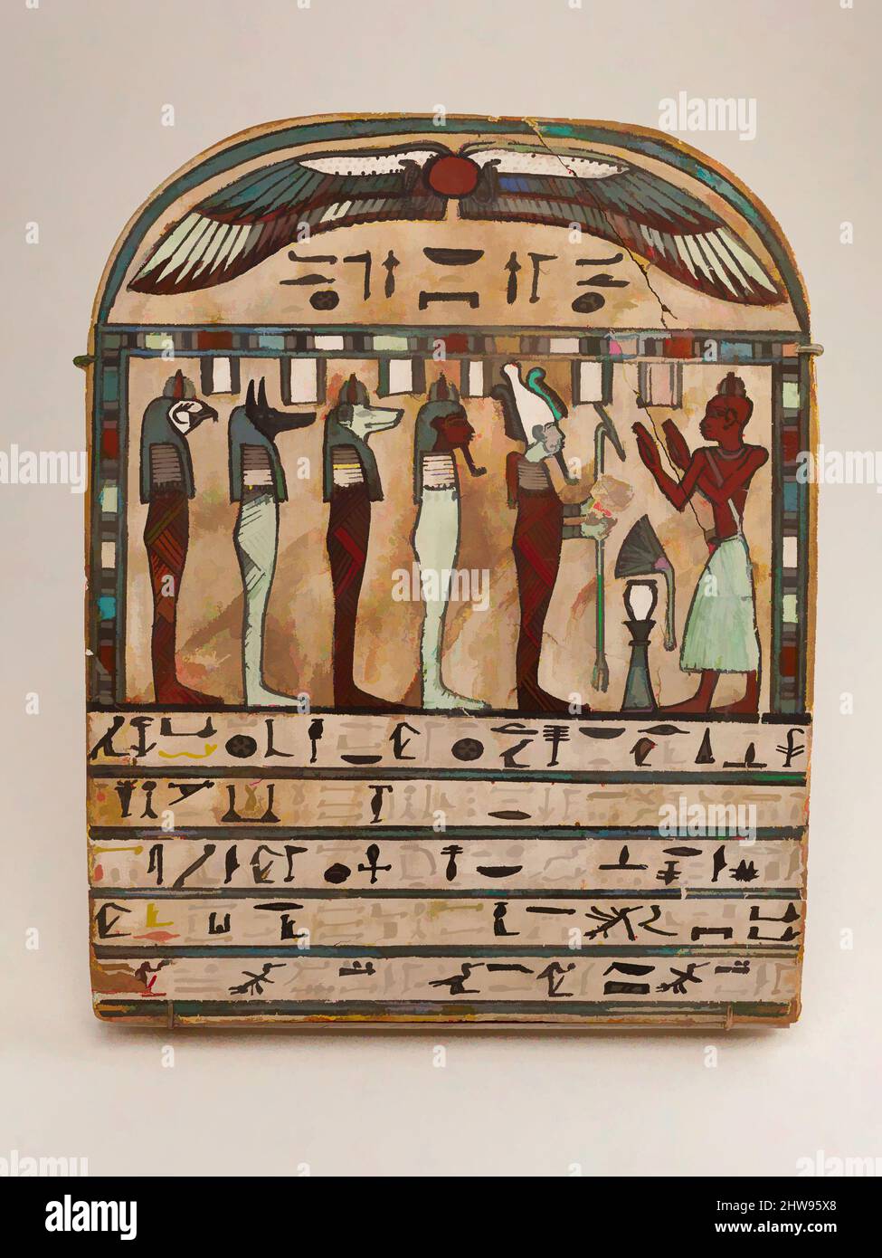 Art inspired by Stela of the God's-Father of Amun Pakeshi, Third Intermediate Period–Saite Period, Dynasty 25–26, ca. 750–525 B.C., From Egypt, Wood, gesso, paint, 36.6 x 29 cm (14 7/16 x 11 7/16 in.), As part of the burial equipment, funerary stelae made a prayer for offerings for the, Classic works modernized by Artotop with a splash of modernity. Shapes, color and value, eye-catching visual impact on art. Emotions through freedom of artworks in a contemporary way. A timeless message pursuing a wildly creative new direction. Artists turning to the digital medium and creating the Artotop NFT Stock Photo