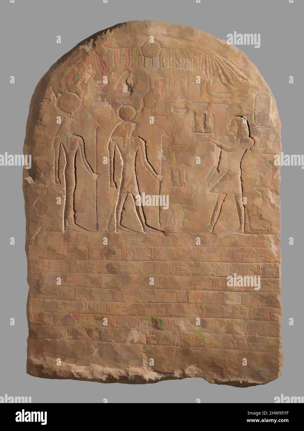Art inspired by Donation Stela of Osorkon I dated to year 6, Third Intermediate Period, Dynasty 22, ca. 924–889 B.C., From Egypt, Memphite Region; Possibly from Heliopolis (Ain Shams), Limestone, H. 70 cm (27 9/16 in), From the Third Intermediate Period through the Saite Period a large, Classic works modernized by Artotop with a splash of modernity. Shapes, color and value, eye-catching visual impact on art. Emotions through freedom of artworks in a contemporary way. A timeless message pursuing a wildly creative new direction. Artists turning to the digital medium and creating the Artotop NFT Stock Photo