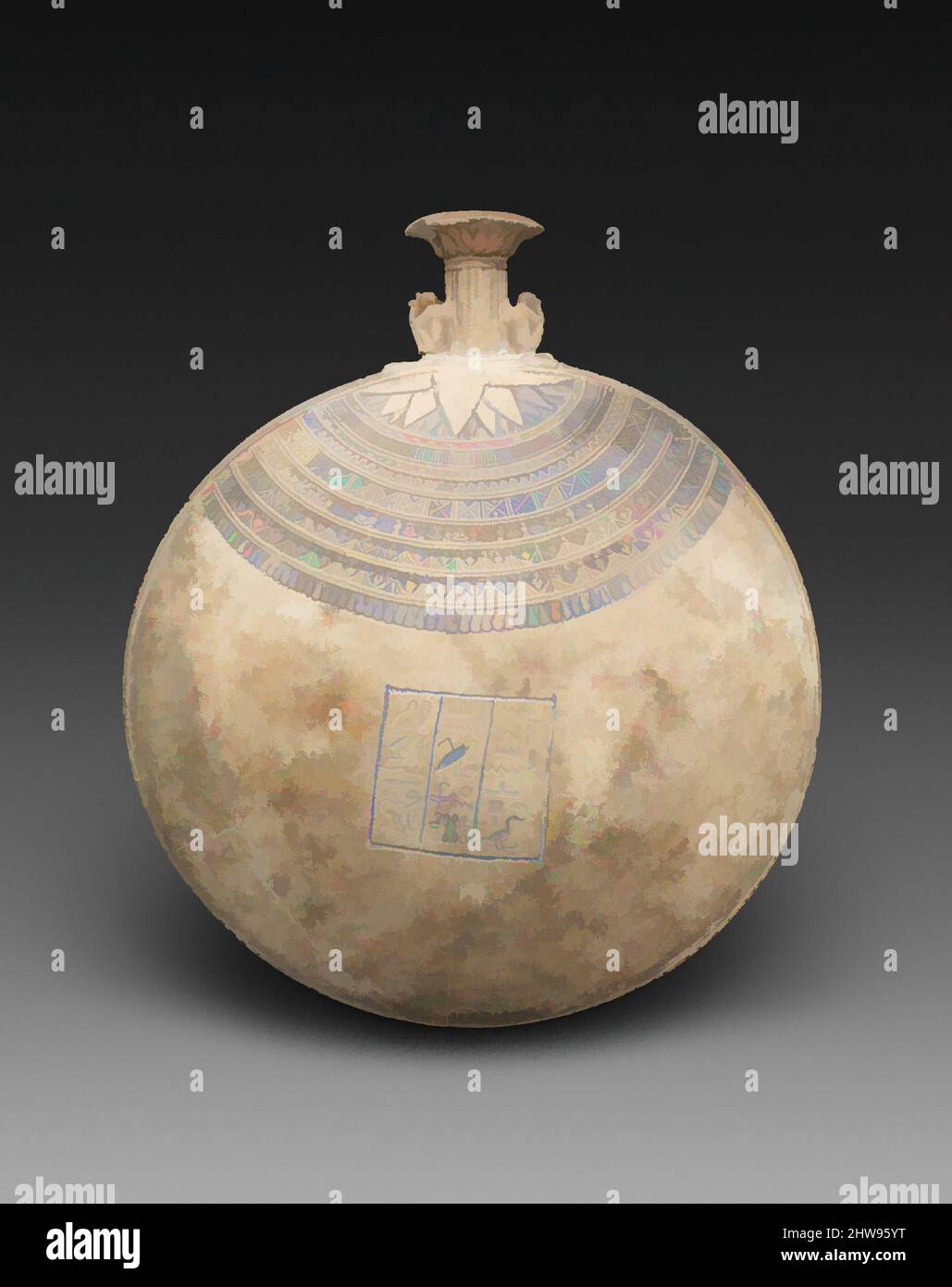 Art inspired by Lentoid Bottle ('New Year's Bottle') inscribed for the God's Father Amenhotep, son of the God's Father Iufaa, Late Period, 664–525 B.C., From Egypt, Faience, H. 21 cm (8 1/4 in); diam. 18 cm (7 1/16 in), This lentoid flask, inscribed for a priest named Amenhotep, is an, Classic works modernized by Artotop with a splash of modernity. Shapes, color and value, eye-catching visual impact on art. Emotions through freedom of artworks in a contemporary way. A timeless message pursuing a wildly creative new direction. Artists turning to the digital medium and creating the Artotop NFT Stock Photo