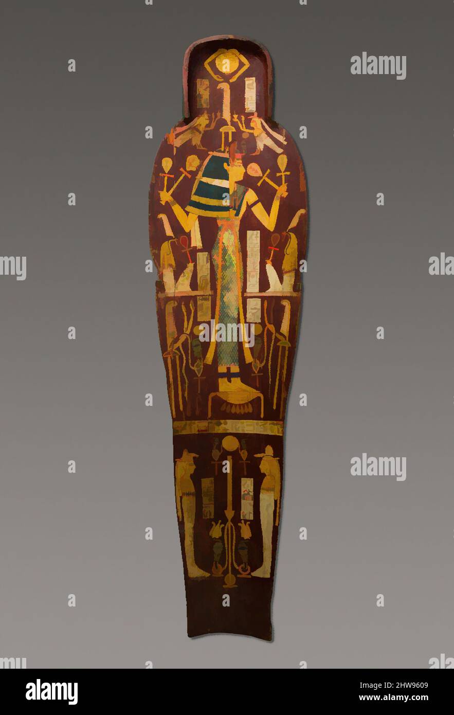 Art inspired by Mummy Board of Henettawy (C), Probable Sister-Wife of High Priest of Amun Smendes, Third Intermediate Period, Dynasty 21, ca. 990–970 B.C., From Egypt, Upper Egypt, Thebes, Deir el-Bahri, Tomb, Chamber B, Burial of Henettawy C (4), 1923–24, Wood, gesso, paint, l. 171 cm, Classic works modernized by Artotop with a splash of modernity. Shapes, color and value, eye-catching visual impact on art. Emotions through freedom of artworks in a contemporary way. A timeless message pursuing a wildly creative new direction. Artists turning to the digital medium and creating the Artotop NFT Stock Photo