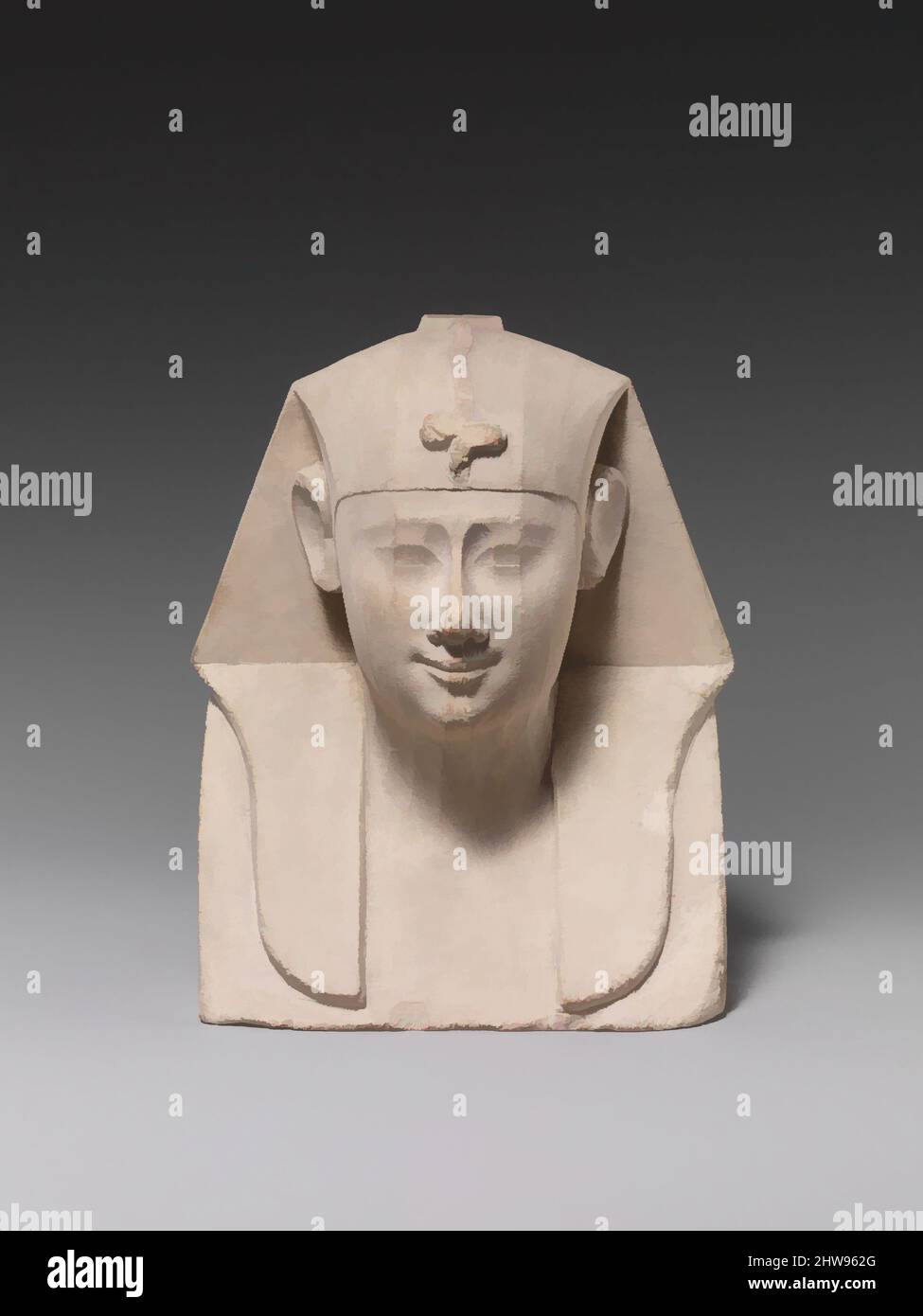 Art inspired by Bust of a royal figure with downward-hanging snake, Late Period–Ptolemaic Period, 400–200 B.C., From Egypt, Limestone, H. 13.4 cm (5 1/4 in.); W. 10.7 cm (4 3/16 in.); D. 5.9 cm (2 5/16 in.), Small Late Period and Ptolemaic reliefs or sculptures that depict a subject in, Classic works modernized by Artotop with a splash of modernity. Shapes, color and value, eye-catching visual impact on art. Emotions through freedom of artworks in a contemporary way. A timeless message pursuing a wildly creative new direction. Artists turning to the digital medium and creating the Artotop NFT Stock Photo