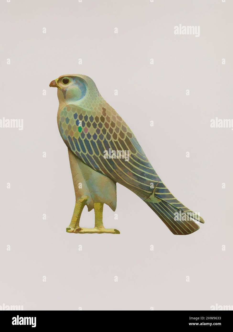 Art inspired by Inlay in the form of the Horus falcon, Late Period–Ptolemaic Period, 4th century B.C., From Egypt; Possibly from Middle Egypt, Hermopolis (Ashmunein; Khemenu), Faience, H. 16 cm (6 5/16 in.); W. 1.2 cm (1/2 in.); L. 15.5 cm (6 1/8 in.), This inlay represents the falcon, Classic works modernized by Artotop with a splash of modernity. Shapes, color and value, eye-catching visual impact on art. Emotions through freedom of artworks in a contemporary way. A timeless message pursuing a wildly creative new direction. Artists turning to the digital medium and creating the Artotop NFT Stock Photo