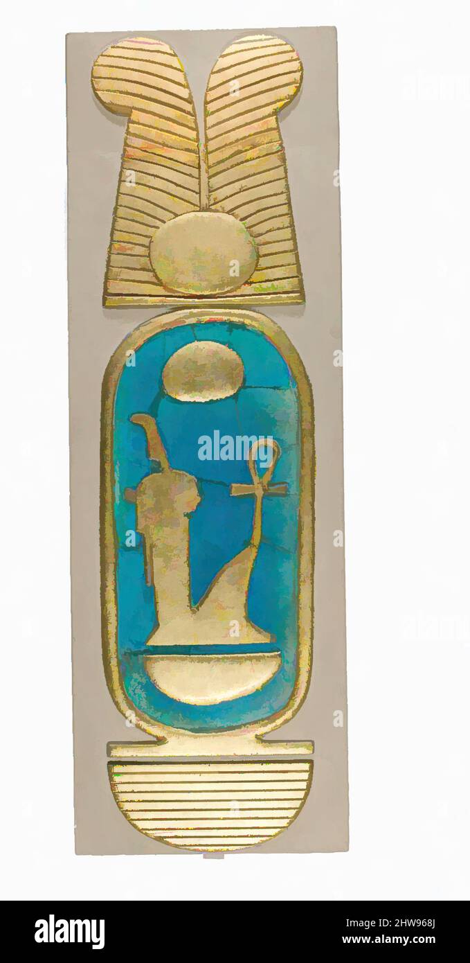 Art inspired by Reconstruction of a Cartouche of Amenhotep III from Malqata, New Kingdom, Dynasty 18, ca. 1390–1353 B.C., From Egypt, Upper Egypt, Thebes, Malqata, Temple of Amun, On Floor in Southwest Corner, 1916–17, Faience, modern plaster and gold paint, H. 52.1 cm (20 1/2 in); w, Classic works modernized by Artotop with a splash of modernity. Shapes, color and value, eye-catching visual impact on art. Emotions through freedom of artworks in a contemporary way. A timeless message pursuing a wildly creative new direction. Artists turning to the digital medium and creating the Artotop NFT Stock Photo