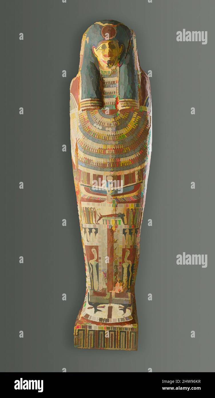 Art inspired by Painted Wooden Coffin and Mummy of Lady Nefer, Ptolemaic Period, 3rd century B.C. or later, From Egypt, Wood, gesso, paint, human remains, Dated by style to the late Persian or Ptolemaic period, this coffin is dedicated to a woman named Nefer, whose mummy remains inside, Classic works modernized by Artotop with a splash of modernity. Shapes, color and value, eye-catching visual impact on art. Emotions through freedom of artworks in a contemporary way. A timeless message pursuing a wildly creative new direction. Artists turning to the digital medium and creating the Artotop NFT Stock Photo