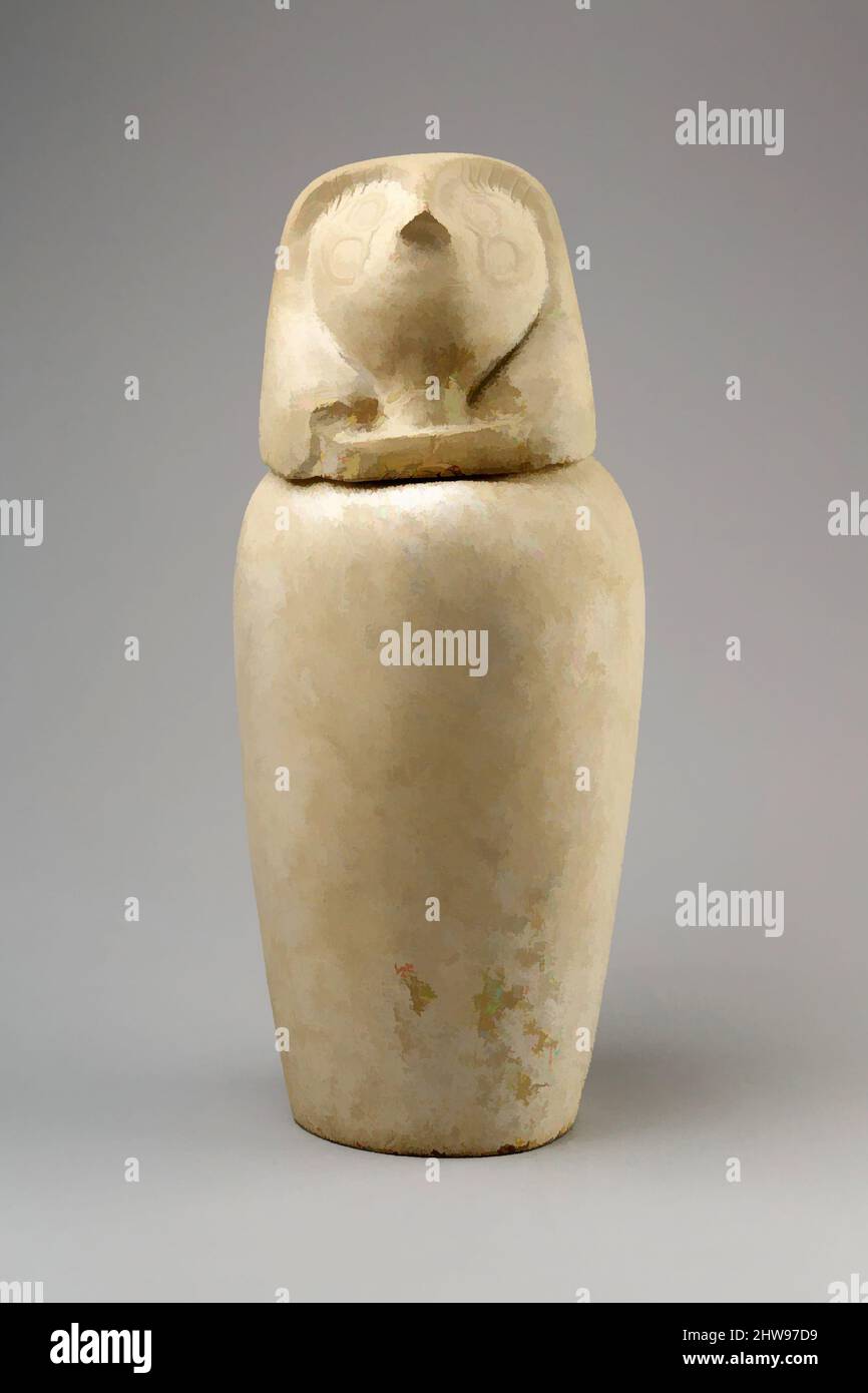 Art inspired by Canopic jar with falcon head (Qebehsenuef), Third Intermediate Period, ca. 800–650 BC, From Egypt, Upper Egypt, Thebes, Asasif, cemetery 300, Ptolemaic vaulted tomb, Pit 1, 1912–13, Limestone, Jar: H. 25.5 cm (10 1/16 in.); d. 17.3 cm (6 13/16 in.); diam. of mouth 8 cm, Classic works modernized by Artotop with a splash of modernity. Shapes, color and value, eye-catching visual impact on art. Emotions through freedom of artworks in a contemporary way. A timeless message pursuing a wildly creative new direction. Artists turning to the digital medium and creating the Artotop NFT Stock Photo