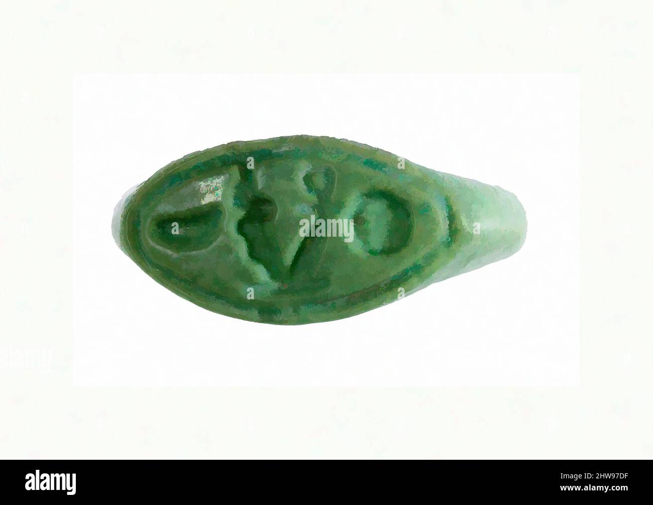 Art inspired by Ring, Prenomen of Amenhotep III, New Kingdom, Dynasty 18, ca. 1390–1352 B.C., From Egypt, Upper Egypt, Thebes, Malqata, Palace of Amenhotep III, 1910–11, Faience, Diam. 2.2 cm (7/8 in), Inscribed on this ring is the throne name of pharaoh Amenhotep III 'Nebmaatre' that, Classic works modernized by Artotop with a splash of modernity. Shapes, color and value, eye-catching visual impact on art. Emotions through freedom of artworks in a contemporary way. A timeless message pursuing a wildly creative new direction. Artists turning to the digital medium and creating the Artotop NFT Stock Photo