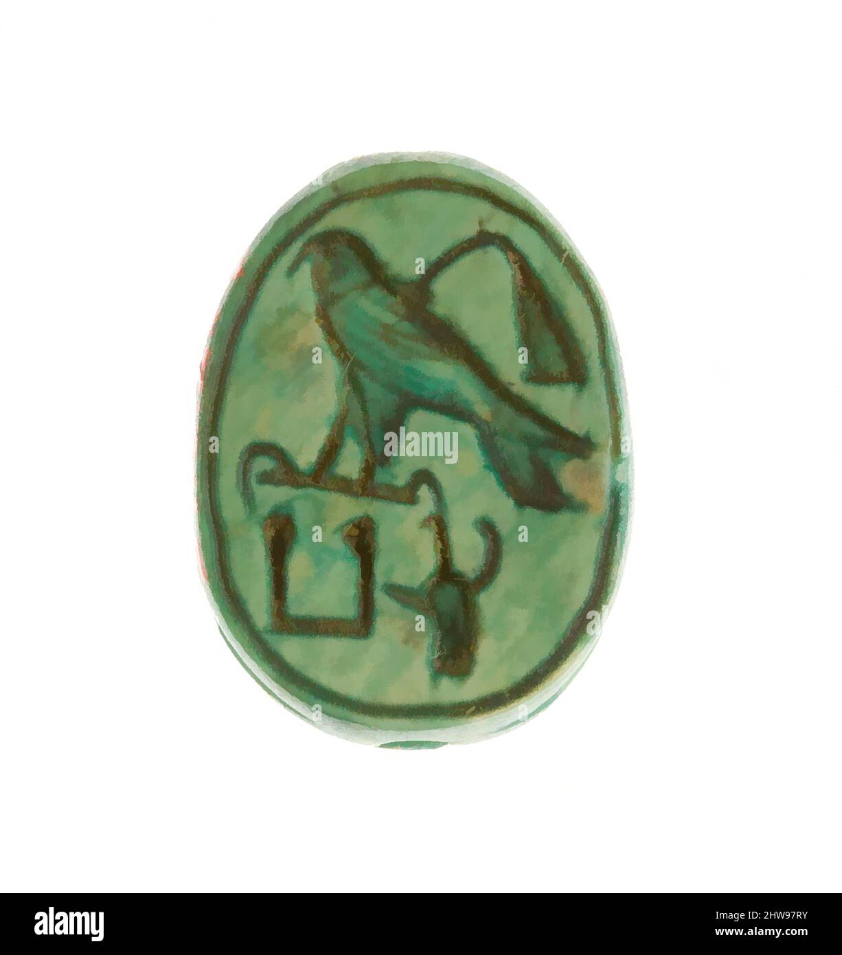 Art inspired by Scarab Inscribed for the Horus Wosretkau (Hatshepsut), New Kingdom, Dynasty 18, early, ca. 1479–1458 B.C., From Egypt, Upper Egypt, Thebes, Deir el-Bahri, Temple of Hatshepsut, Foundation Deposit 7 (G), 1926–27, Steatite (glazed, Classic works modernized by Artotop with a splash of modernity. Shapes, color and value, eye-catching visual impact on art. Emotions through freedom of artworks in a contemporary way. A timeless message pursuing a wildly creative new direction. Artists turning to the digital medium and creating the Artotop NFT Stock Photo