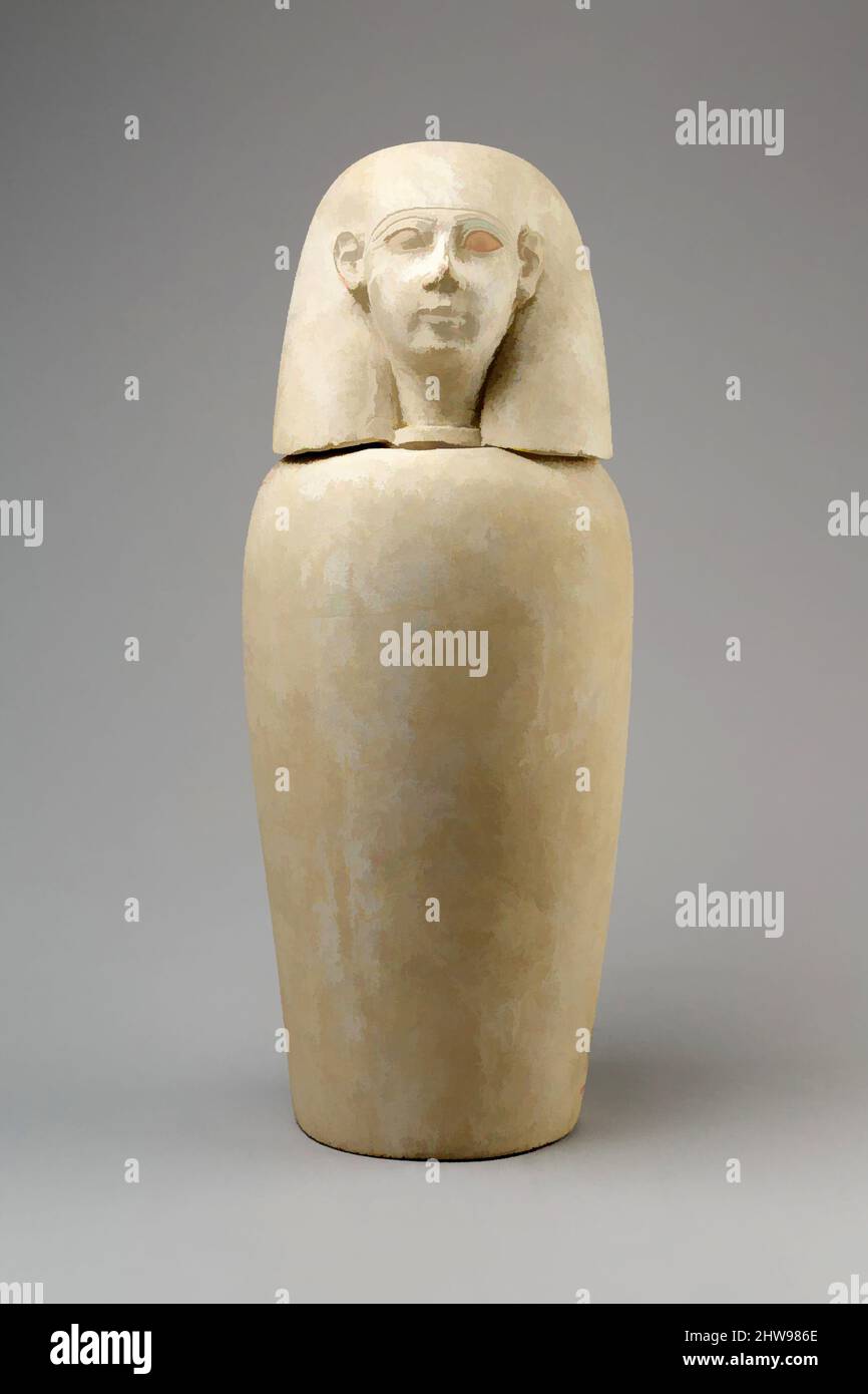 Art inspired by Canopic jar with human head (Imsety), Third Intermediate Period, ca. 800–650 BC, From Egypt, Upper Egypt, Thebes, Asasif, cemetery 300, Ptolemaic vaulted tomb, Pit 1, 1912–13, Limestone, Jar: H. 25.4 cm (10 in.); d. 15.3 cm (6 in.); diam. of base 10.5 cm (4 1/8 in, Classic works modernized by Artotop with a splash of modernity. Shapes, color and value, eye-catching visual impact on art. Emotions through freedom of artworks in a contemporary way. A timeless message pursuing a wildly creative new direction. Artists turning to the digital medium and creating the Artotop NFT Stock Photo