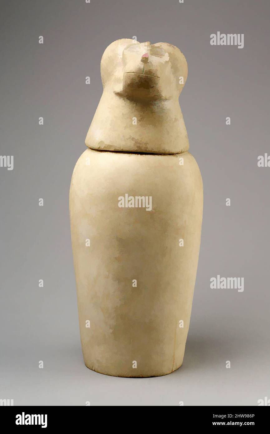 Art inspired by Canopic jar with head of baboon (Hapy), Third Intermediate Period, ca. 800–650 BC, From Egypt, Upper Egypt, Thebes, Asasif, cemetery 300, Ptolemaic vaulted tomb, Pit 1, 1912–13, Limestone, Jar: H. 26.7 cm (10 1/2 in.); d. 18.1 cm (7 1/8 in.); diam. of mouth 8.5 cm (3 3/, Classic works modernized by Artotop with a splash of modernity. Shapes, color and value, eye-catching visual impact on art. Emotions through freedom of artworks in a contemporary way. A timeless message pursuing a wildly creative new direction. Artists turning to the digital medium and creating the Artotop NFT Stock Photo