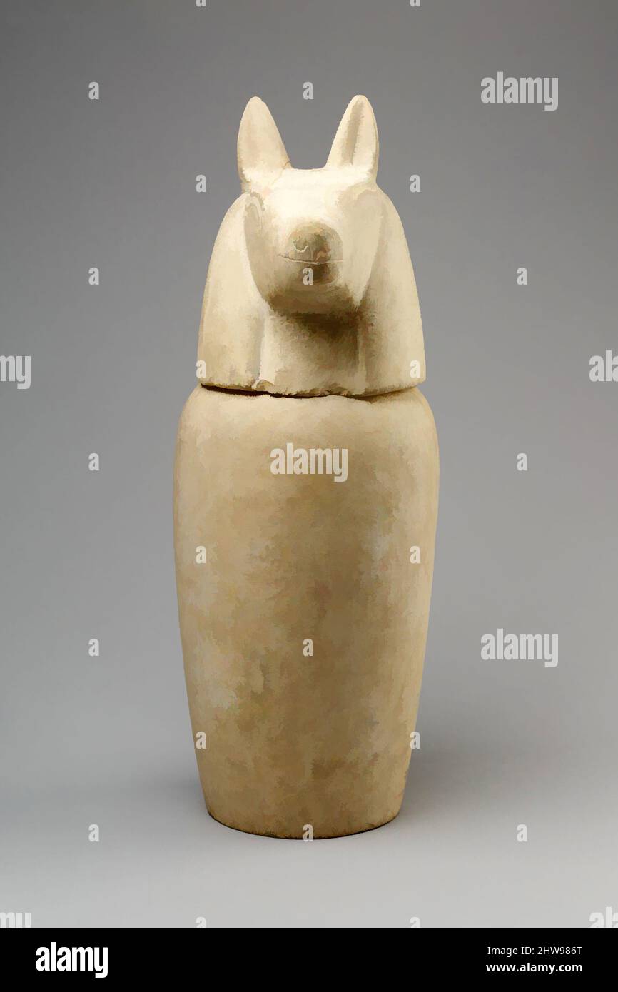 Art inspired by Canopic jar with head of jackal (Duamutef), Third Intermediate Period, ca. 800–650 BC, From Egypt, Upper Egypt, Thebes, Asasif, cemetery 300, Ptolemaic vaulted tomb, Pit 1, 1912–13, Limestone, Jar: H. 26.5 cm (10 7/16 in.); d. 17.3 cm (6 13/16 in.); diam. of mouth 8.6, Classic works modernized by Artotop with a splash of modernity. Shapes, color and value, eye-catching visual impact on art. Emotions through freedom of artworks in a contemporary way. A timeless message pursuing a wildly creative new direction. Artists turning to the digital medium and creating the Artotop NFT Stock Photo
