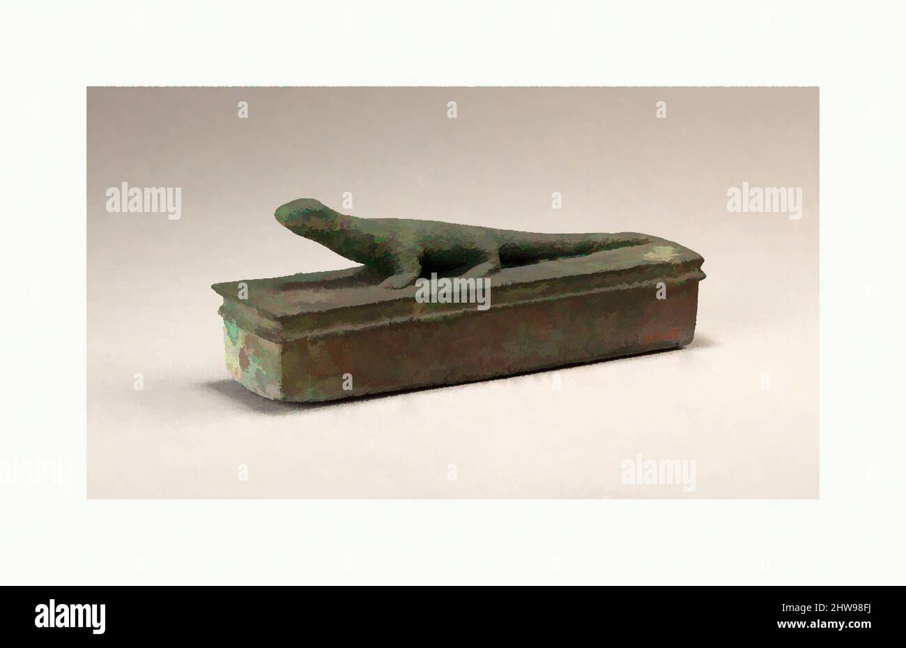 Art inspired by Shrine-shaped case for an animal mummy surmounted by a lizard, Late Period–Ptolemaic Period, 664–30 B.C., From Egypt, Cupreous metal, H. 5.9 cm (2 5/16 in.); W. 4.6 cm (1 13/16 in.); L. 15.4 cm (6 1/16 in.), The lizard in later periods of Egyptian history was linked, Classic works modernized by Artotop with a splash of modernity. Shapes, color and value, eye-catching visual impact on art. Emotions through freedom of artworks in a contemporary way. A timeless message pursuing a wildly creative new direction. Artists turning to the digital medium and creating the Artotop NFT Stock Photo