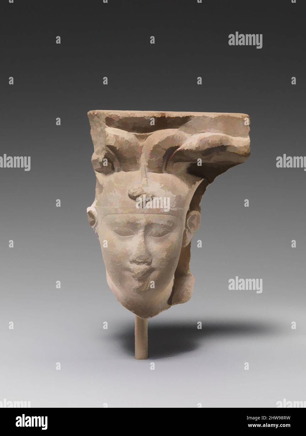 Art inspired by Royal head with an atypical snake and a headdress, Late Period–Ptolemaic Period, 400–200 B.C., From Egypt, Limestone, H. 10.3 × W. 8 × D. 4.5 cm (4 1/16 × 3 1/8 × 1 3/4 in.), The head is one of a class of objects referred to by the double designation sculptor's model, Classic works modernized by Artotop with a splash of modernity. Shapes, color and value, eye-catching visual impact on art. Emotions through freedom of artworks in a contemporary way. A timeless message pursuing a wildly creative new direction. Artists turning to the digital medium and creating the Artotop NFT Stock Photo