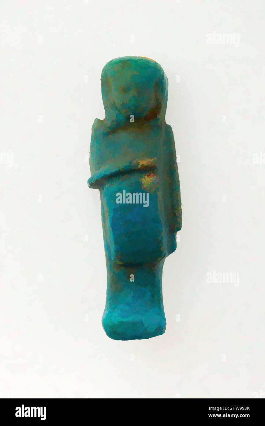 Art inspired by Overseer Shabti of Henettawy (C), Daughter of Isetemkheb, Third Intermediate Period, Dynasty 21, ca. 990–970 B.C., From Egypt, Upper Egypt, Thebes, Deir el-Bahri, Tomb, Chamber B, Burial of Henettawy C (4), 1923–24, Faience, H. 12 x W. 4 x D. 3 cm (4 3/4 x 1 9/16 x 1 3/, Classic works modernized by Artotop with a splash of modernity. Shapes, color and value, eye-catching visual impact on art. Emotions through freedom of artworks in a contemporary way. A timeless message pursuing a wildly creative new direction. Artists turning to the digital medium and creating the Artotop NFT Stock Photo