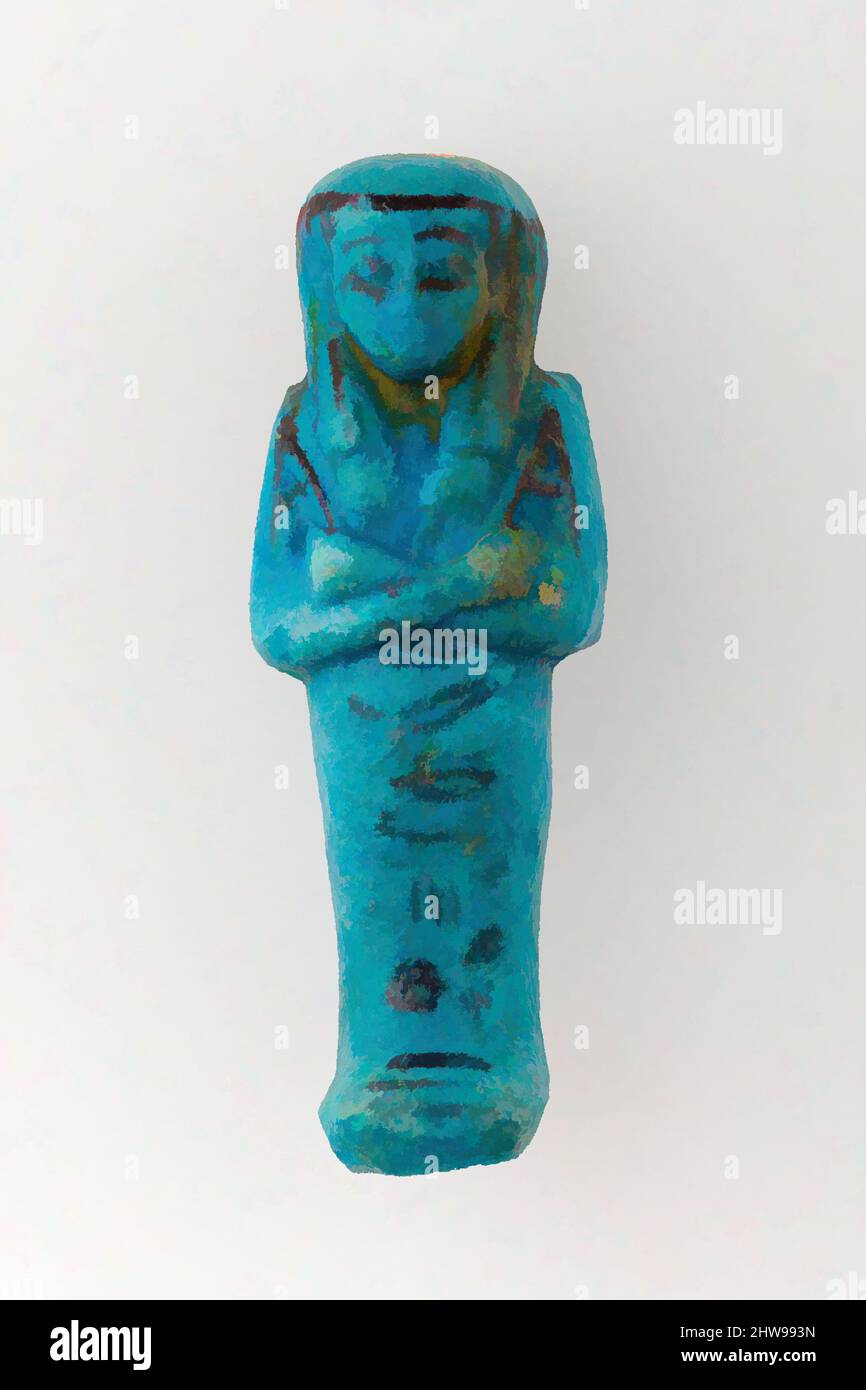 Art inspired by Worker Shabti of Henettawy (C), Daughter of Isetemkheb, Third Intermediate Period, Dynasty 21, ca. 990–970 B.C., From Egypt, Upper Egypt, Thebes, Deir el-Bahri, Tomb, Chamber B, Burial of Henettawy C (4), 1923–24, Faience, H. 12.2 x W. 4.4 x D. 3.2 cm (4 13/16 x 1 3/4 x, Classic works modernized by Artotop with a splash of modernity. Shapes, color and value, eye-catching visual impact on art. Emotions through freedom of artworks in a contemporary way. A timeless message pursuing a wildly creative new direction. Artists turning to the digital medium and creating the Artotop NFT Stock Photo