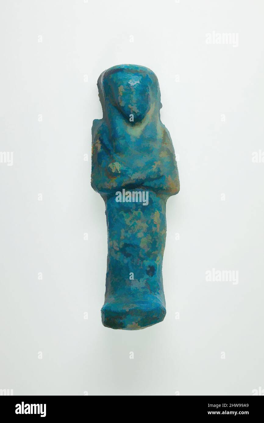 Art inspired by Worker Shabti of Henettawy (C), Daughter of Isetemkheb, Third Intermediate Period, Dynasty 21, ca. 990–970 B.C., From Egypt, Upper Egypt, Thebes, Deir el-Bahri, Tomb, Chamber B, Burial of Henettawy C (4), 1923–24, Faience, H. 11.9 × W. 4 × D. 3.5 cm (4 11/16 × 1 9/16, Classic works modernized by Artotop with a splash of modernity. Shapes, color and value, eye-catching visual impact on art. Emotions through freedom of artworks in a contemporary way. A timeless message pursuing a wildly creative new direction. Artists turning to the digital medium and creating the Artotop NFT Stock Photo