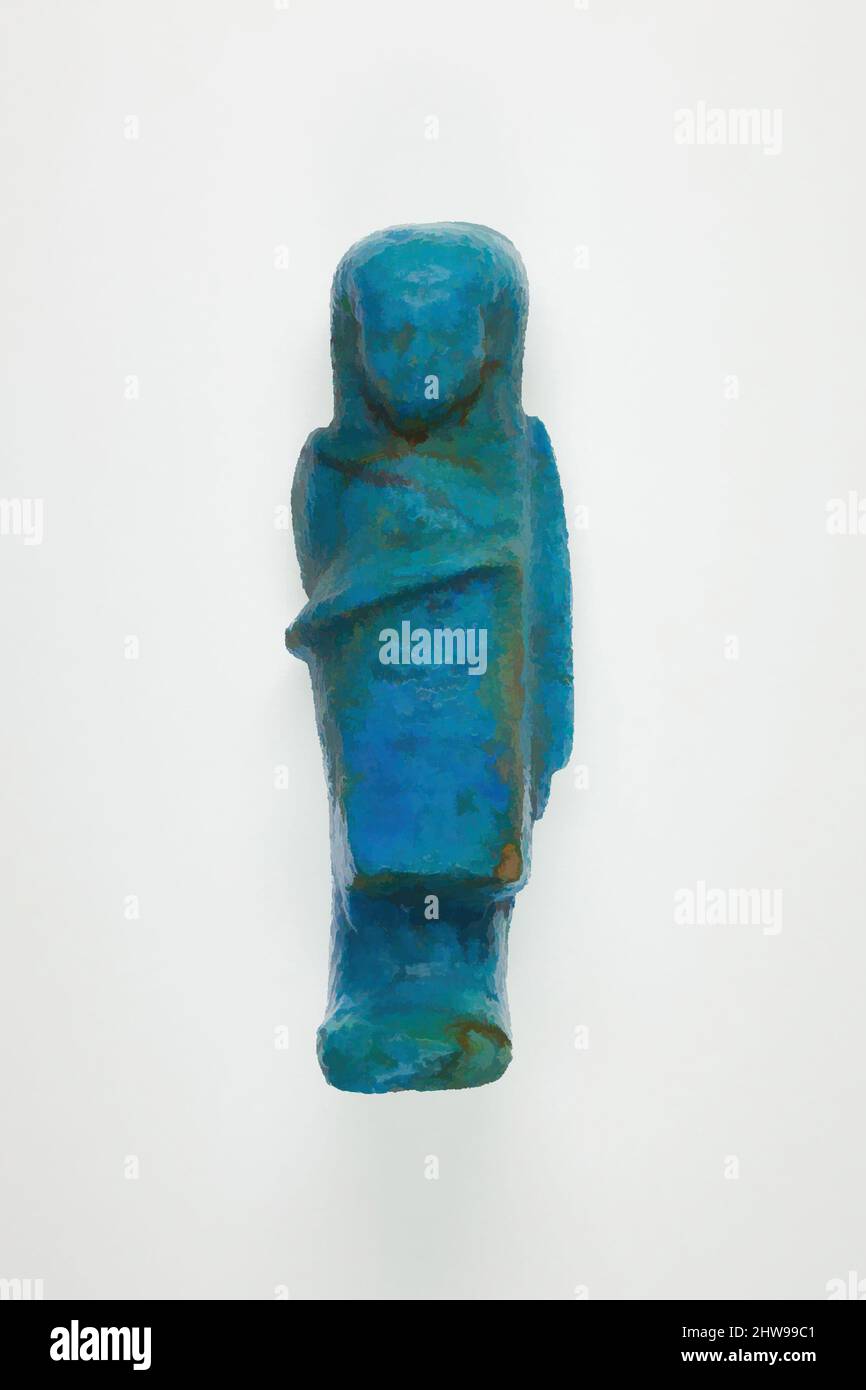 Art inspired by Overseer Shabti of Henettawy (C), Daughter of Isetemkheb, Third Intermediate Period, Dynasty 21, ca. 990–970 B.C., From Egypt, Upper Egypt, Thebes, Deir el-Bahri, Tomb, Chamber B, Burial of Henettawy C (4), 1923–24, Faience, H. 11.9 × W. 4 × W. 4 cm (4 11/16 × 1 9/16, Classic works modernized by Artotop with a splash of modernity. Shapes, color and value, eye-catching visual impact on art. Emotions through freedom of artworks in a contemporary way. A timeless message pursuing a wildly creative new direction. Artists turning to the digital medium and creating the Artotop NFT Stock Photo