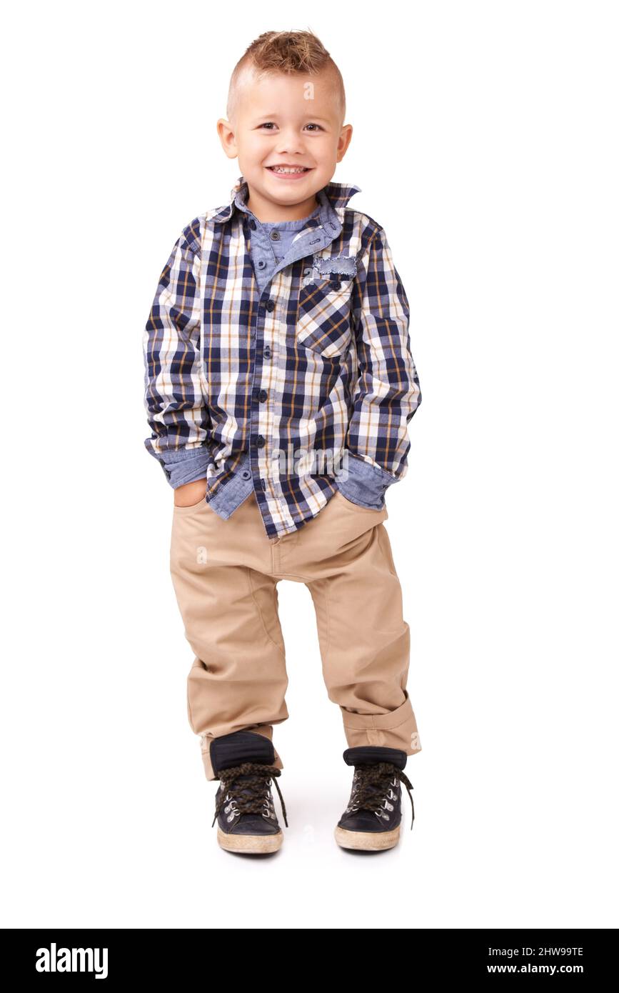 So stylish at his age.... Full length studio shot of well-dressed young boy isolated on white. Stock Photo