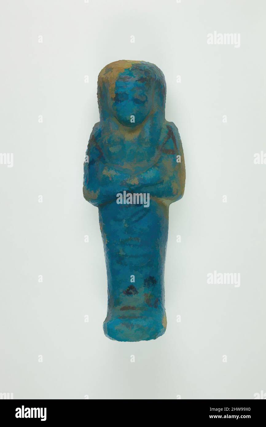 Art inspired by Worker Shabti of Henettawy (C), Daughter of Isetemkheb, Third Intermediate Period, Dynasty 21, ca. 990–970 B.C., From Egypt, Upper Egypt, Thebes, Deir el-Bahri, Tomb, Chamber B, Burial of Henettawy C (4), 1923–24, Faience, h. 11.7 × w. 4.4 × d. 3.4 cm (4 5/8 × 1 3/4 × 1, Classic works modernized by Artotop with a splash of modernity. Shapes, color and value, eye-catching visual impact on art. Emotions through freedom of artworks in a contemporary way. A timeless message pursuing a wildly creative new direction. Artists turning to the digital medium and creating the Artotop NFT Stock Photo
