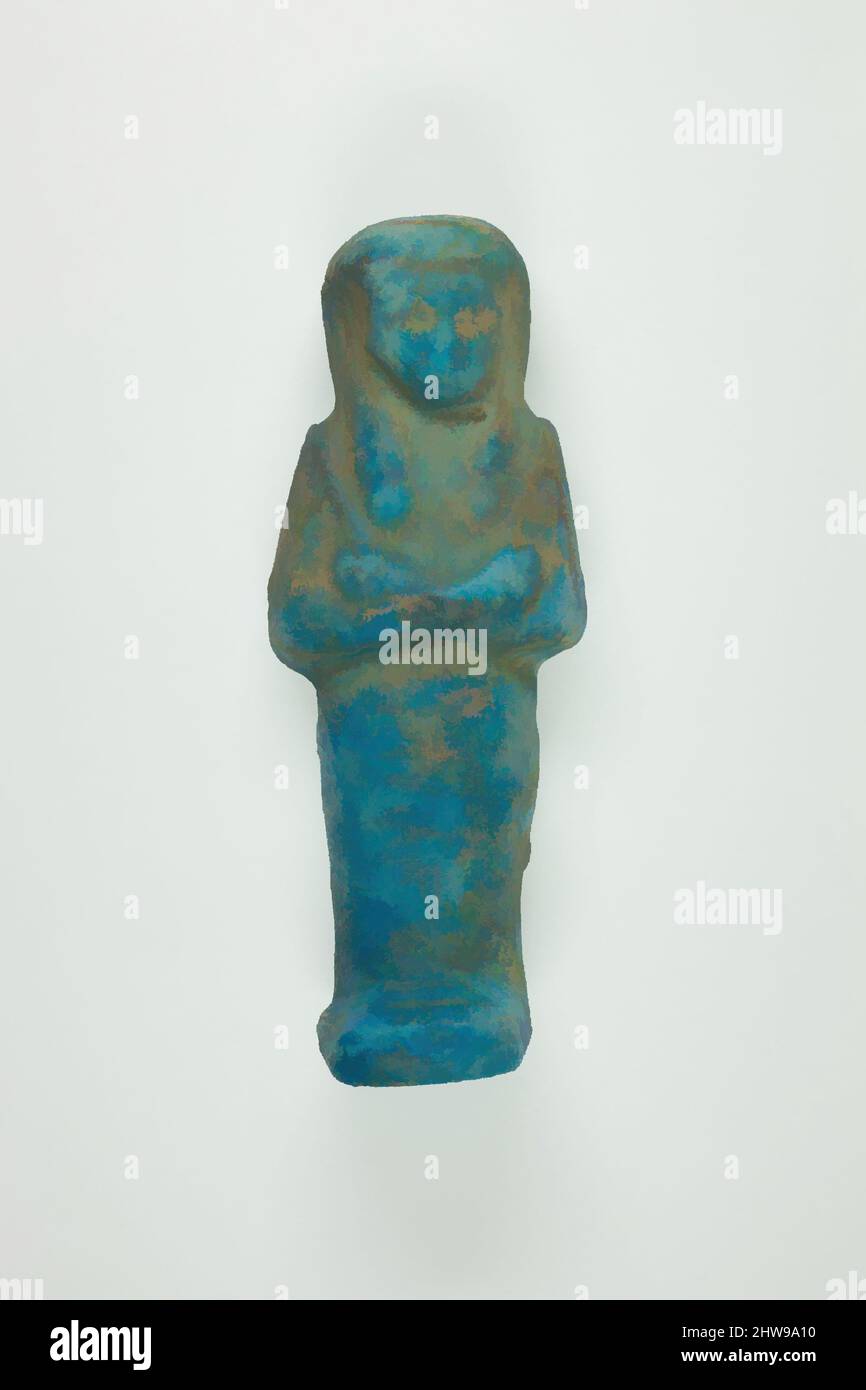 Art inspired by Worker Shabti of Henettawy (C), Daughter of Isetemkheb, Third Intermediate Period, Dynasty 21, ca. 990–970 B.C., From Egypt, Upper Egypt, Thebes, Deir el-Bahri, Tomb, Chamber B, Burial of Henettawy C (4), 1923–24, Faience, h. 11.2 × w. 4.3 × d. 3 cm (4 7/16 × 1 11/16, Classic works modernized by Artotop with a splash of modernity. Shapes, color and value, eye-catching visual impact on art. Emotions through freedom of artworks in a contemporary way. A timeless message pursuing a wildly creative new direction. Artists turning to the digital medium and creating the Artotop NFT Stock Photo