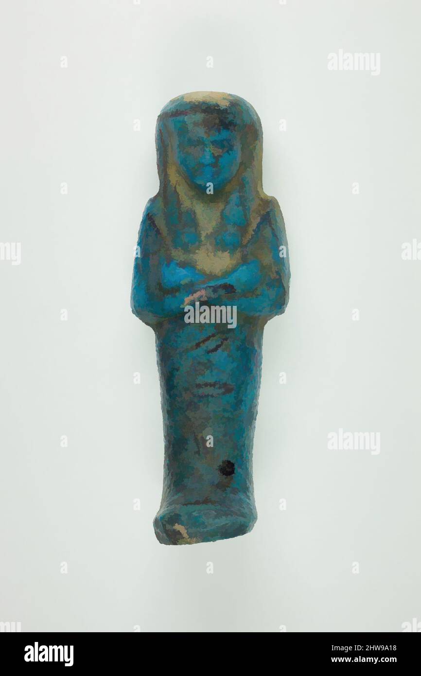 Art inspired by Worker Shabti of Henettawy (C), Daughter of Isetemkheb, Third Intermediate Period, Dynasty 21, ca. 990–970 B.C., From Egypt, Upper Egypt, Thebes, Deir el-Bahri, Tomb, Chamber B, Burial of Henettawy C (4), 1923–24, Faience, h. 11.9 × w. 4.3 × d. 3.7 cm (4 11/16 × 1 11/16, Classic works modernized by Artotop with a splash of modernity. Shapes, color and value, eye-catching visual impact on art. Emotions through freedom of artworks in a contemporary way. A timeless message pursuing a wildly creative new direction. Artists turning to the digital medium and creating the Artotop NFT Stock Photo