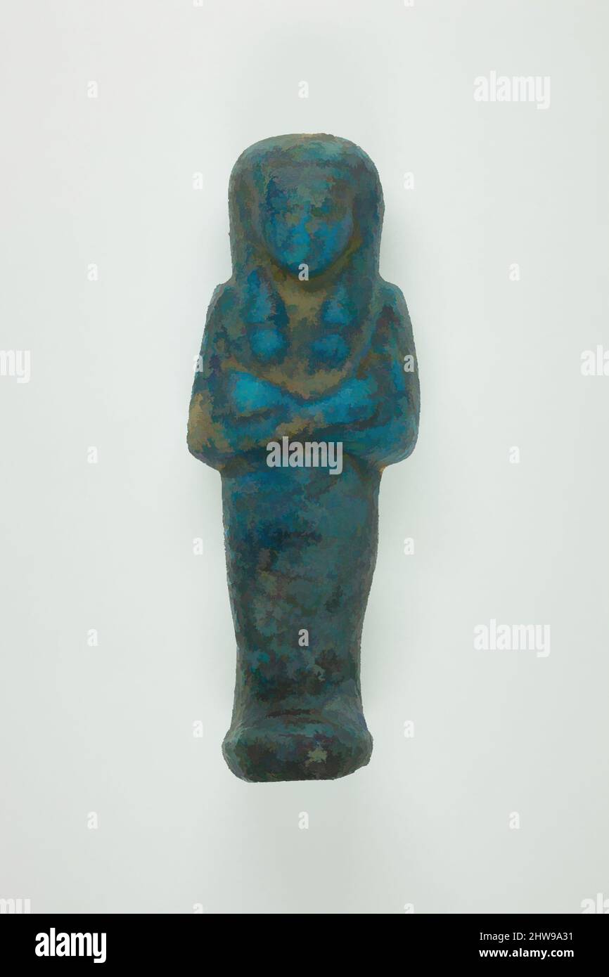 Art inspired by Worker Shabti of Henettawy (C), Daughter of Isetemkheb, Third Intermediate Period, Dynasty 21, ca. 990–970 B.C., From Egypt, Upper Egypt, Thebes, Deir el-Bahri, Tomb, Chamber B, Burial of Henettawy C (4), 1923–24, Faience, h. 11.9 × w. 4.3 × d. 3.6 cm (4 11/16 × 1 11/16, Classic works modernized by Artotop with a splash of modernity. Shapes, color and value, eye-catching visual impact on art. Emotions through freedom of artworks in a contemporary way. A timeless message pursuing a wildly creative new direction. Artists turning to the digital medium and creating the Artotop NFT Stock Photo