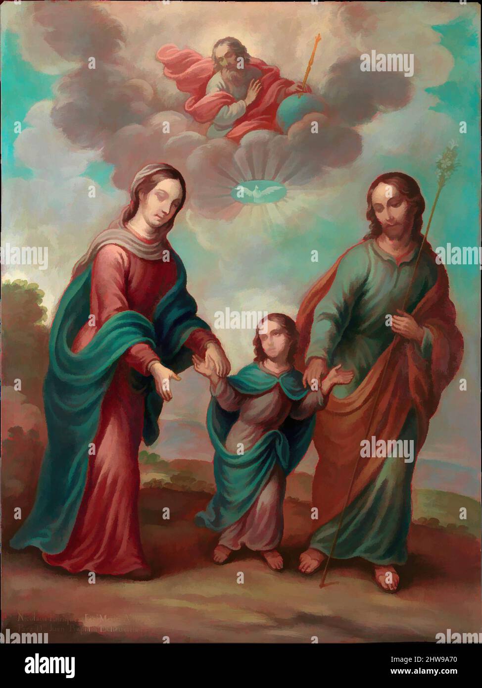 Art inspired by The Return of the Holy Family from Egypt, 1773, Oil on copper, 22 1/4 × 16 1/2 in. (56.5 × 41.9 cm), Paintings, Nicolás Enríquez (Mexican, 1704–1790), Nicolás Enríquez, whose career spanned more than six decades, is best known as a specialist in paintings on copper. He, Classic works modernized by Artotop with a splash of modernity. Shapes, color and value, eye-catching visual impact on art. Emotions through freedom of artworks in a contemporary way. A timeless message pursuing a wildly creative new direction. Artists turning to the digital medium and creating the Artotop NFT Stock Photo