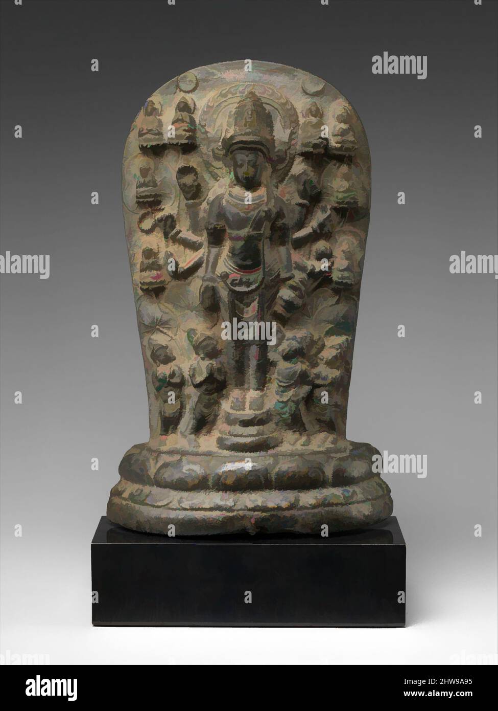 Art inspired by Candi Jago plaque of the Bodhisattva Amoghapasa, Singasari kingdom, late 13th century, probably 1286–92, Indonesia (East Java), Copper alloy, H. 8 3/4 in. (22.2 cm); W. 5 1/2 in. (14 cm); D. 1 5/8 in. (4.1 cm), Sculpture, This is one of a number of miniature versions of, Classic works modernized by Artotop with a splash of modernity. Shapes, color and value, eye-catching visual impact on art. Emotions through freedom of artworks in a contemporary way. A timeless message pursuing a wildly creative new direction. Artists turning to the digital medium and creating the Artotop NFT Stock Photo