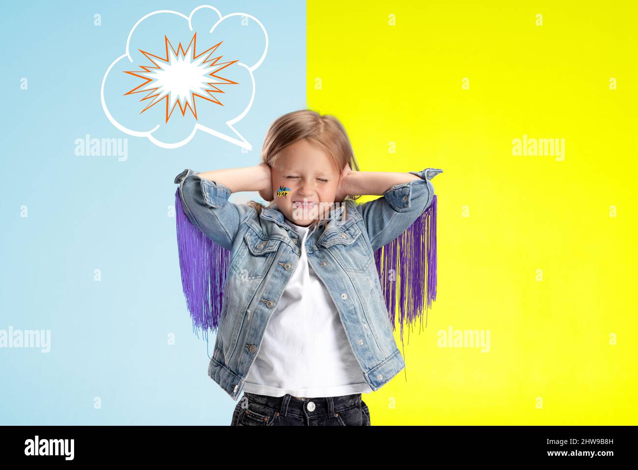 Conceptual collage with little girl, child covering ears agais explosion drawing isolated over blue yellow background Stock Photo