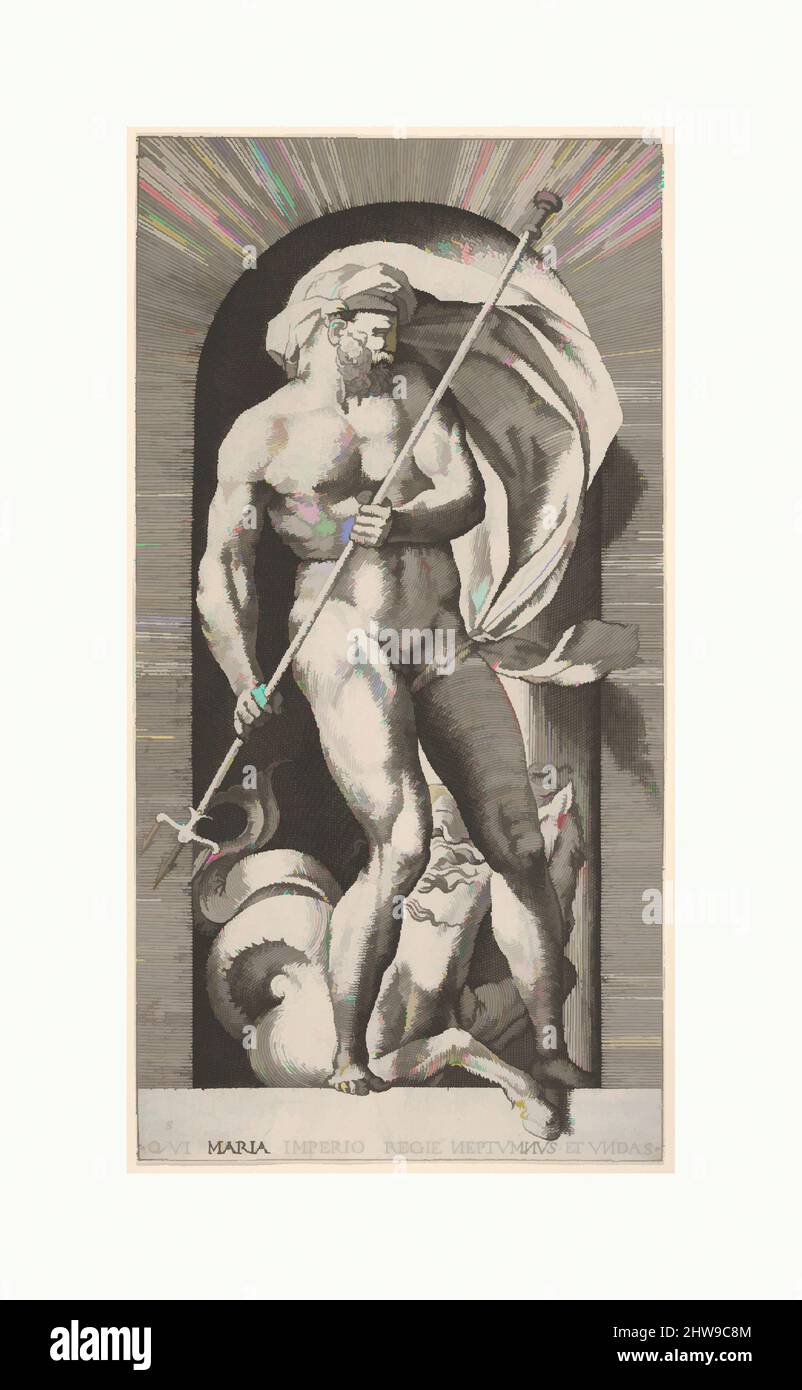 Art inspired by Plate 5: Neptune standing in a niche holding a trident, with a hippocampus (sea-horse) behind him, from a series of gods and goddesses, 1526, Engraving, sheet: 8 3/16 x 4 3/16 in. (20.8 x 10.7 cm), Prints, Giovanni Jacopo Caraglio (Italian, Parma or Verona ca. 1500/1505, Classic works modernized by Artotop with a splash of modernity. Shapes, color and value, eye-catching visual impact on art. Emotions through freedom of artworks in a contemporary way. A timeless message pursuing a wildly creative new direction. Artists turning to the digital medium and creating the Artotop NFT Stock Photo
