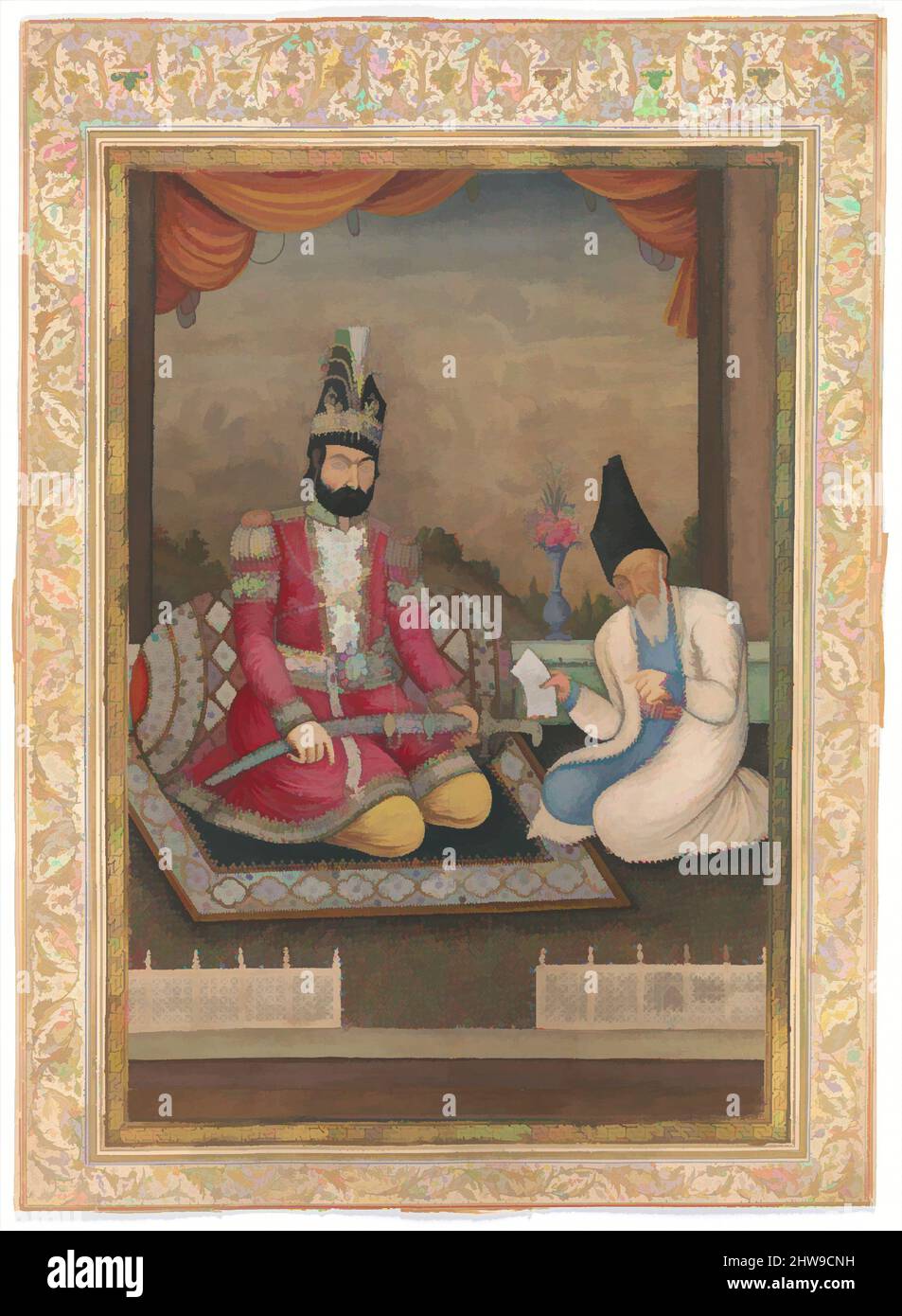 Art inspired by Portrait of Muhammad Shah Qajar and his Vizier Haj Mirza Aghasi, second quarter 19th century, Country of Origin Iran, Ink, opaque watercolor and gold on paper, H. 15 in (38.1 cm), Codices, This imperial portrait shows Muhammad Shah, the third ruler of the Qajar dynasty, Classic works modernized by Artotop with a splash of modernity. Shapes, color and value, eye-catching visual impact on art. Emotions through freedom of artworks in a contemporary way. A timeless message pursuing a wildly creative new direction. Artists turning to the digital medium and creating the Artotop NFT Stock Photo