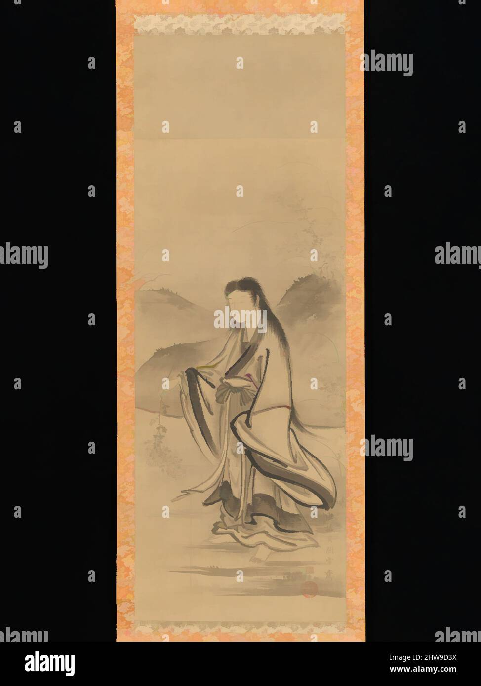 Art inspired by Kiku Jidō (Chrysanthemum Boy), Edo period (1615–1868), 18th century, Japan, Hanging scroll; ink on silk, Image: 32 × 12 in. (81.3 × 30.5 cm), Paintings, Tsukioka Sessai (Japanese, 1761–1839, Classic works modernized by Artotop with a splash of modernity. Shapes, color and value, eye-catching visual impact on art. Emotions through freedom of artworks in a contemporary way. A timeless message pursuing a wildly creative new direction. Artists turning to the digital medium and creating the Artotop NFT Stock Photo