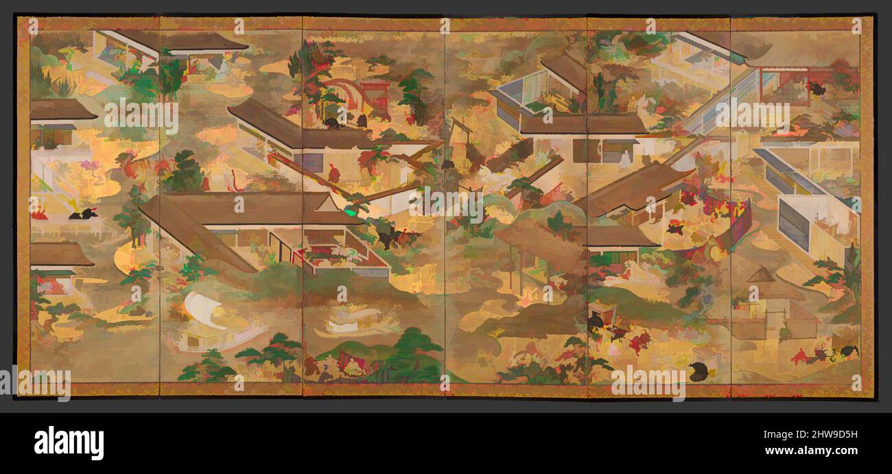 Art inspired by 源氏物語図屏風, Fifty-four Scenes from The Tale of Genji (Genji monogatari), Edo period (1615–1868), late 17th century, Japan, Pair of six-panel folding screens; ink, color, gold, and gold leaf on paper, Each: 66 15/16 in. × 12 ft. 5 3/16 in. (170 × 379 cm), Screens, The Tale, Classic works modernized by Artotop with a splash of modernity. Shapes, color and value, eye-catching visual impact on art. Emotions through freedom of artworks in a contemporary way. A timeless message pursuing a wildly creative new direction. Artists turning to the digital medium and creating the Artotop NFT Stock Photo
