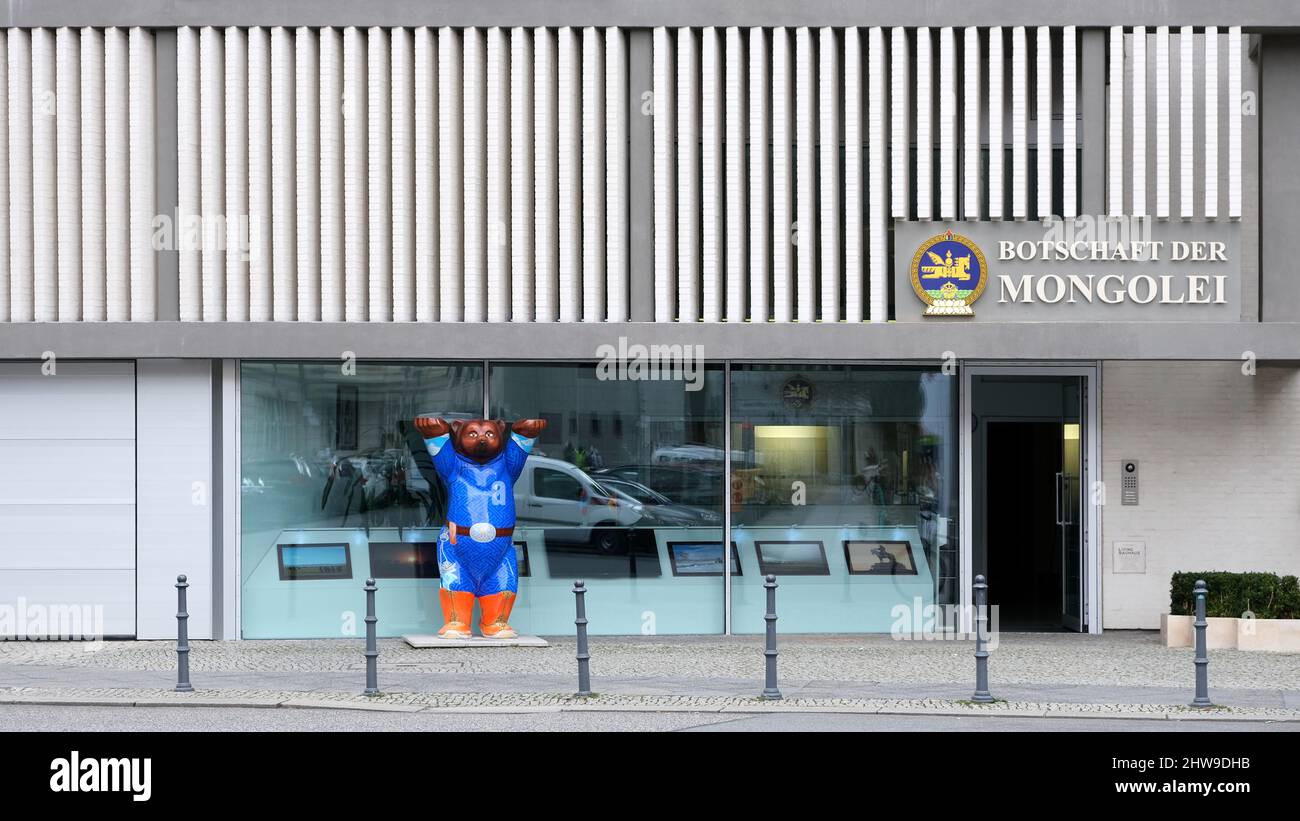 Berlin, Germany, March 4, 2022, frontal view of the Embassy of Mongolia at Hausvogteiplatz with blue Buddy Bear in front of the entrance. Stock Photo