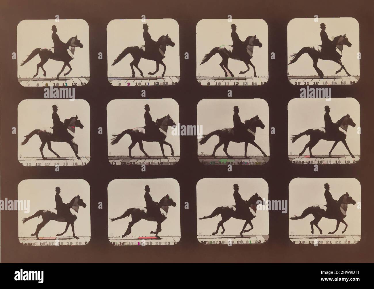 Art inspired by Attitudes of Animals in Motion, 1879, printed 1881, Albumen silver print, Image: 6 5/16 × 9 15/16 in. (16 × 25.3 cm), Photographs, Eadweard Muybridge (American, born Britain, 1830–1904), In 1872, Leland Stanford, former governor of California and president of the, Classic works modernized by Artotop with a splash of modernity. Shapes, color and value, eye-catching visual impact on art. Emotions through freedom of artworks in a contemporary way. A timeless message pursuing a wildly creative new direction. Artists turning to the digital medium and creating the Artotop NFT Stock Photo