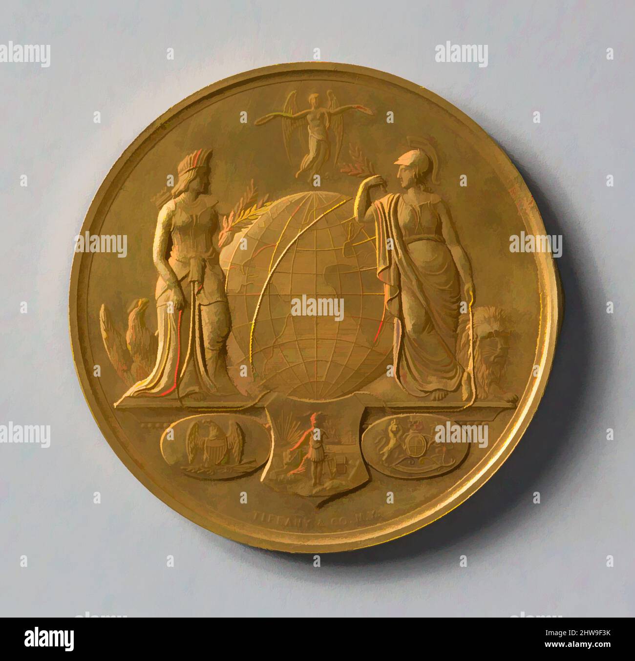 Art inspired by Congressional Medal to C. W. Field for the Successful Laying of the Atlantic Cable, 1867, Gold, Diam. 2 5/8 in. (6.7 cm), Sculpture, Classic works modernized by Artotop with a splash of modernity. Shapes, color and value, eye-catching visual impact on art. Emotions through freedom of artworks in a contemporary way. A timeless message pursuing a wildly creative new direction. Artists turning to the digital medium and creating the Artotop NFT Stock Photo