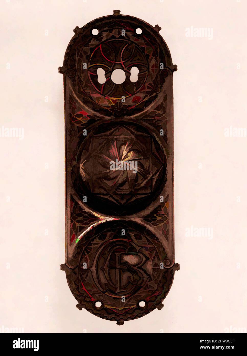 Art inspired by Doorplate from Chicago Stock Exchange Building, Chicago, ca. 1893–94, Made in Chicago, Illinois, United States, American, Iron, 9 1/4 x 3 1/2 in. (23.5 x 8.9 cm), Metal, Louis Henry Sullivan (American, Boston, Massachusetts 1856–1924 Chicago, Illinois, Classic works modernized by Artotop with a splash of modernity. Shapes, color and value, eye-catching visual impact on art. Emotions through freedom of artworks in a contemporary way. A timeless message pursuing a wildly creative new direction. Artists turning to the digital medium and creating the Artotop NFT Stock Photo