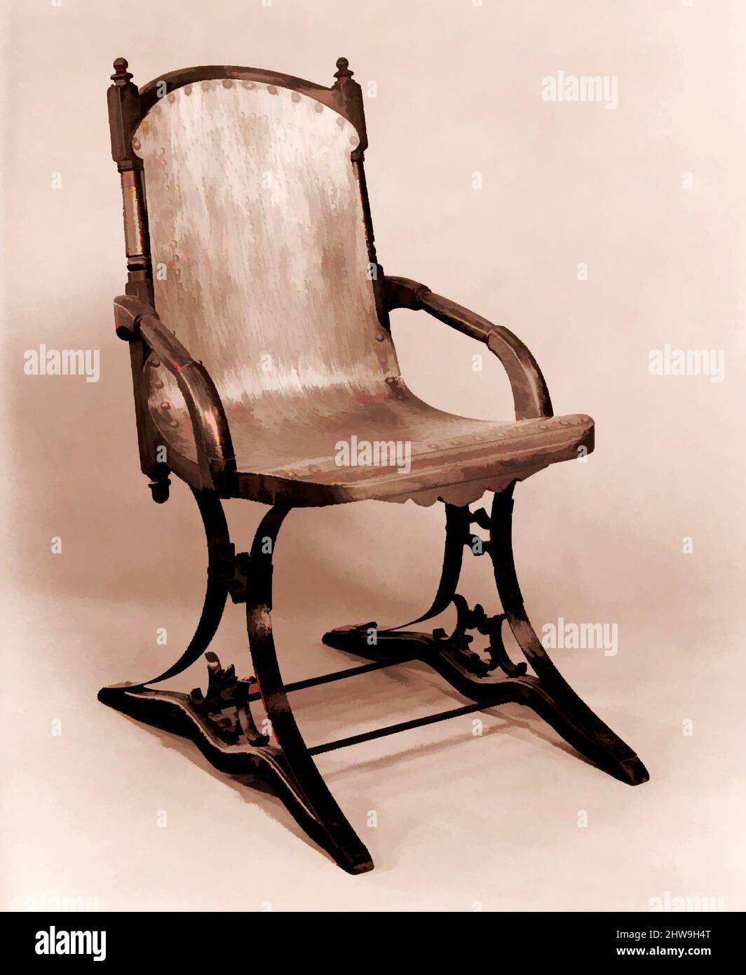 Art inspired by Platform Rocking Chair, patented 1872, Made in New York, United States, American, Walnut, plywood, cast iron, 36 x 21 1/2 x 25 3/4 in. (91.4 x 54.6 x 65.4 cm), Furniture, Gardner and Company (1863–1888, Classic works modernized by Artotop with a splash of modernity. Shapes, color and value, eye-catching visual impact on art. Emotions through freedom of artworks in a contemporary way. A timeless message pursuing a wildly creative new direction. Artists turning to the digital medium and creating the Artotop NFT Stock Photo