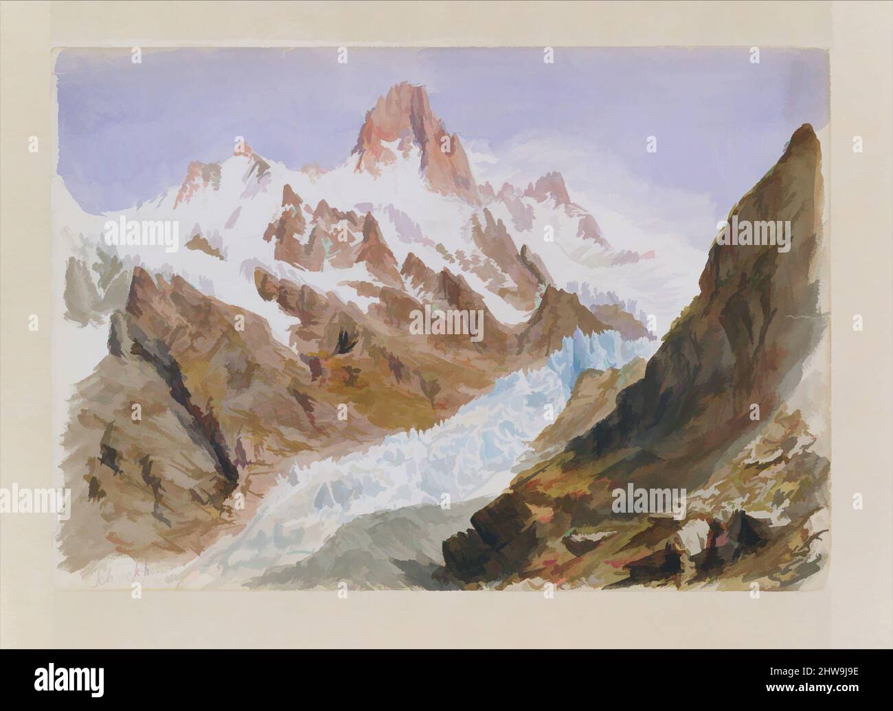 Art inspired by Splendid Mountain Watercolours' Sketchbook - Cover, 1870, Black impressed cardboard (cover); various media on off-white wove paper, Sheets: 10 7/8 x 16 in. (27.6 x 40.6 cm), Drawings, John Singer Sargent (American, Florence 1856–1925 London), This image represents one, Classic works modernized by Artotop with a splash of modernity. Shapes, color and value, eye-catching visual impact on art. Emotions through freedom of artworks in a contemporary way. A timeless message pursuing a wildly creative new direction. Artists turning to the digital medium and creating the Artotop NFT Stock Photo